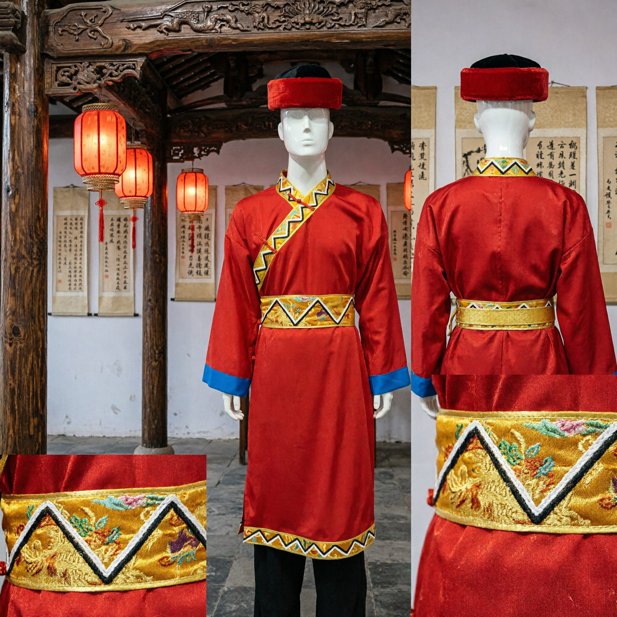Chinese Traditional Mongolian Ethnic Red Robe Costume Men Folk Dance Performance Outfit with Matching Hat