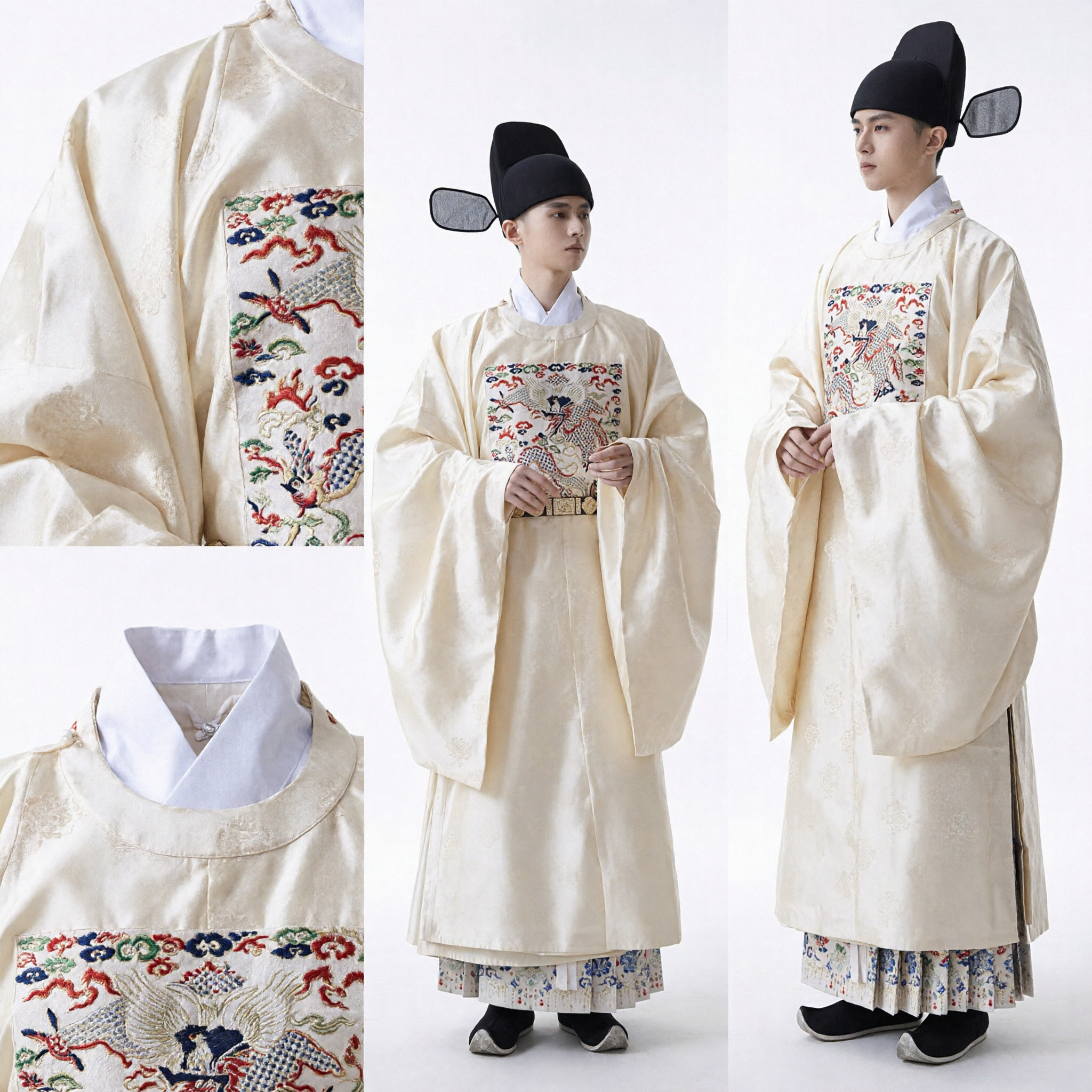 Men's Ming Dynasty Official Hanfu Costume Traditional Cream Embroidered Robe with Rank Badge for Cosplay Photography