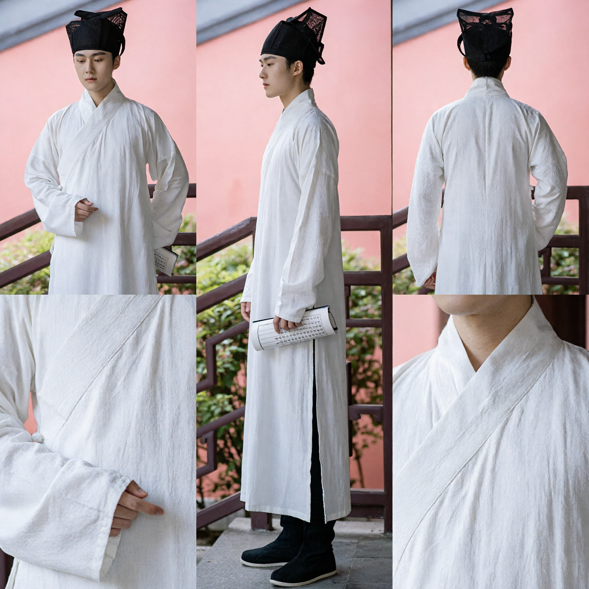 Ancient Chinese Hanfu Men's White Scholar Robe Traditional Costume Complete Set with Hat for Cosplay and Performance