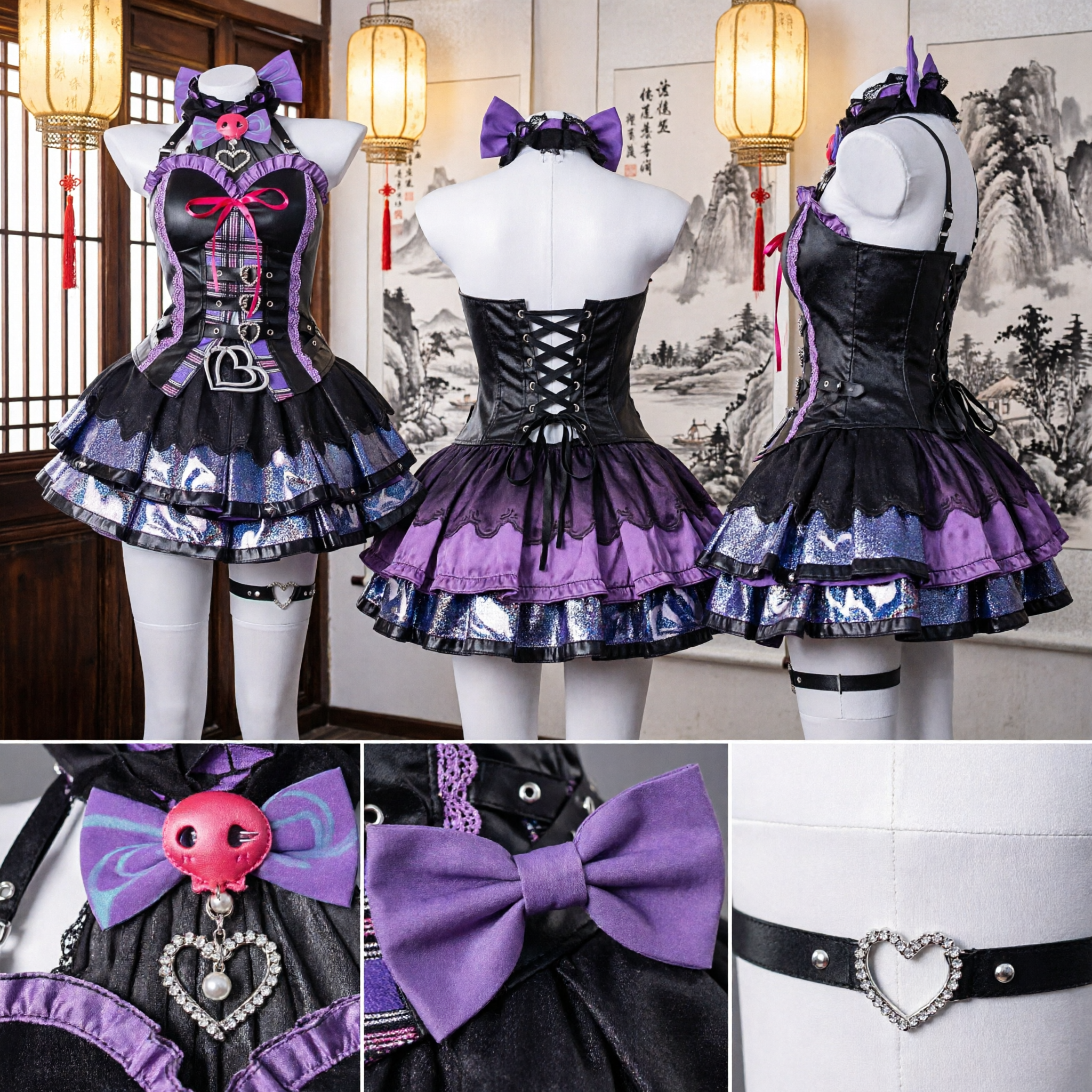 Women's Gothic Punk Cosplay Costume Purple Black Corset Dress for Stage Performance and Halloween Party