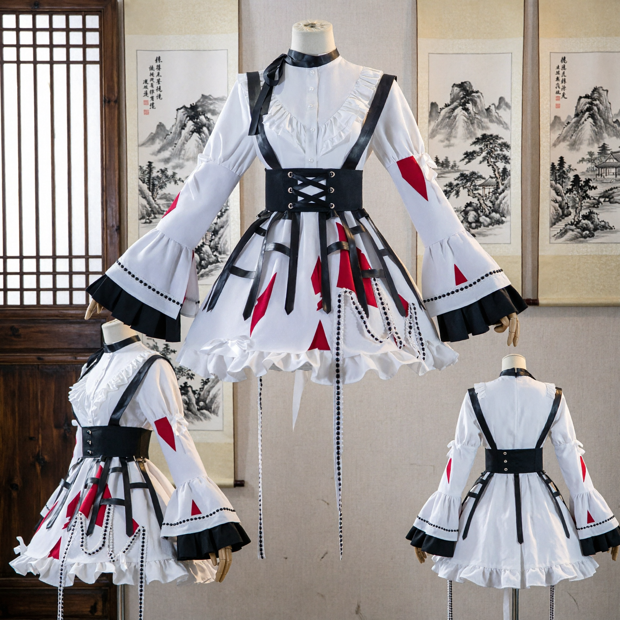 Elegant White Gothic Maid Cosplay Costume Dress with Red Diamonds for Women Halloween Party