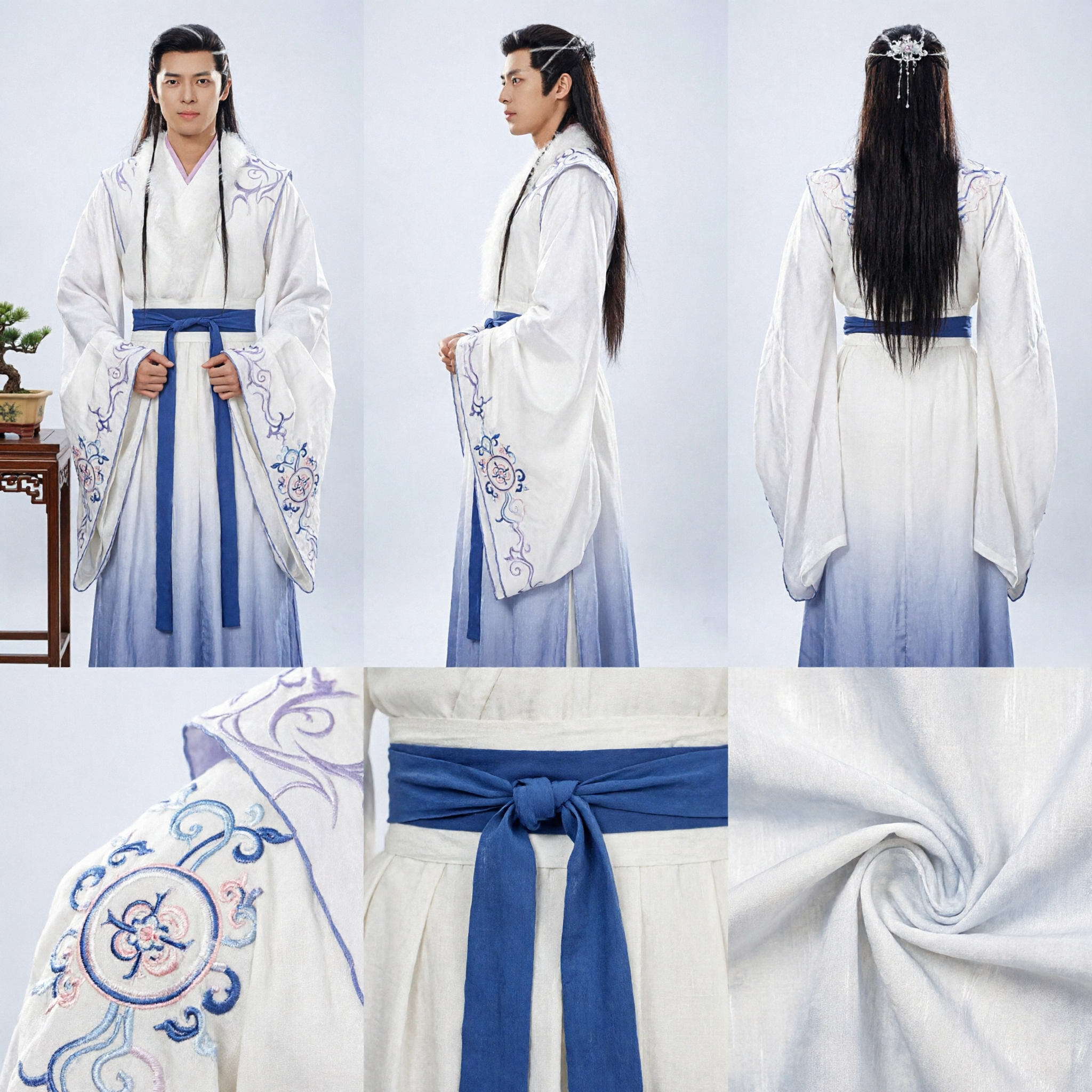 Men's Ancient Chinese Hanfu Costume White Swordsman Robe with Embroidery for Wuxia Cosplay and Historical Performance