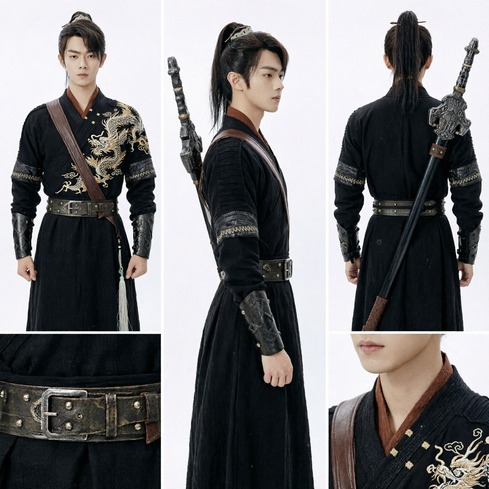Ancient Chinese Swordsman Black Hanfu Costume Men's Wuxia Martial Arts Knight Cosplay Outfit