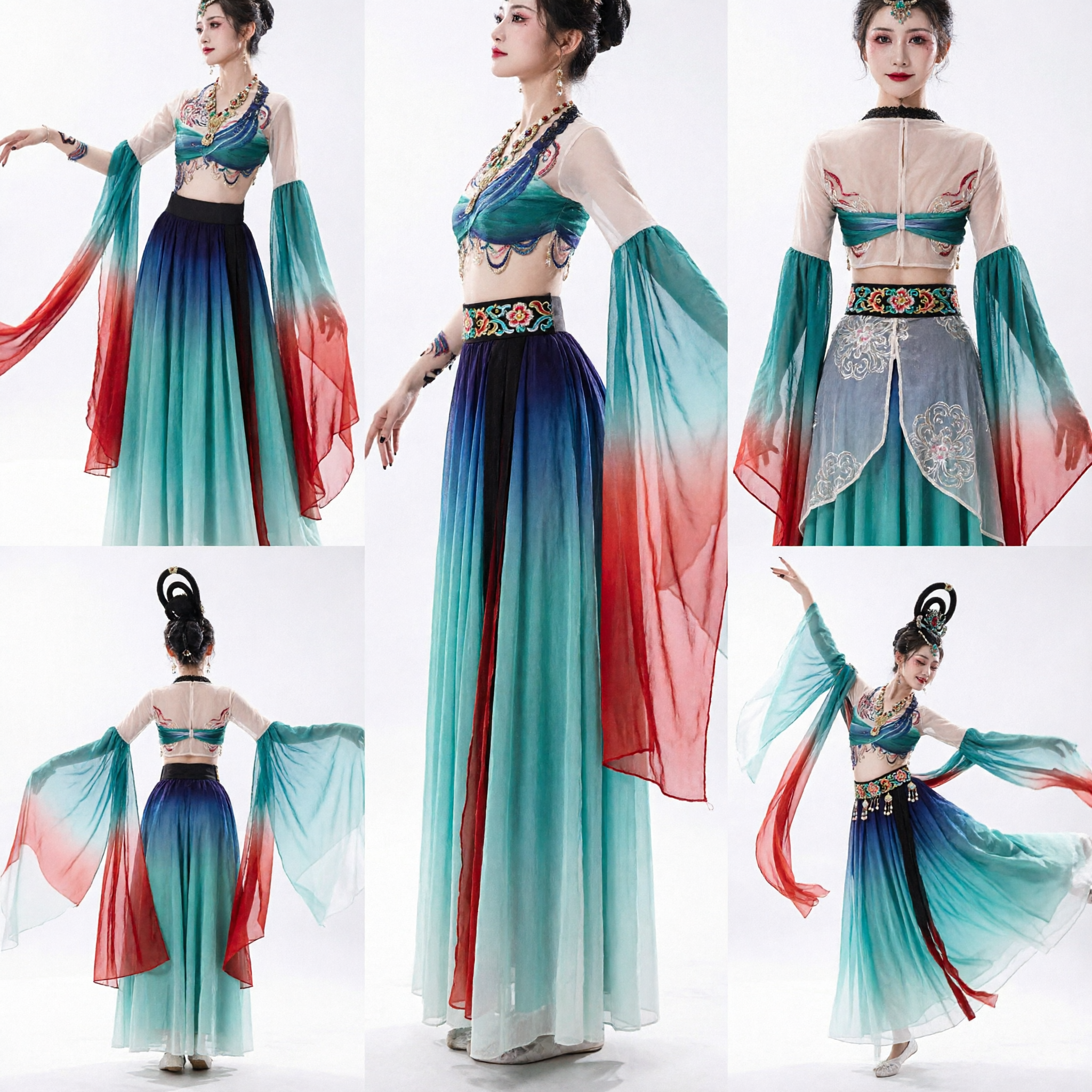 Traditional Chinese Dunhuang Dance Costume for Women Classical Stage Performance Dress Gradient Ribbon Skirt Set