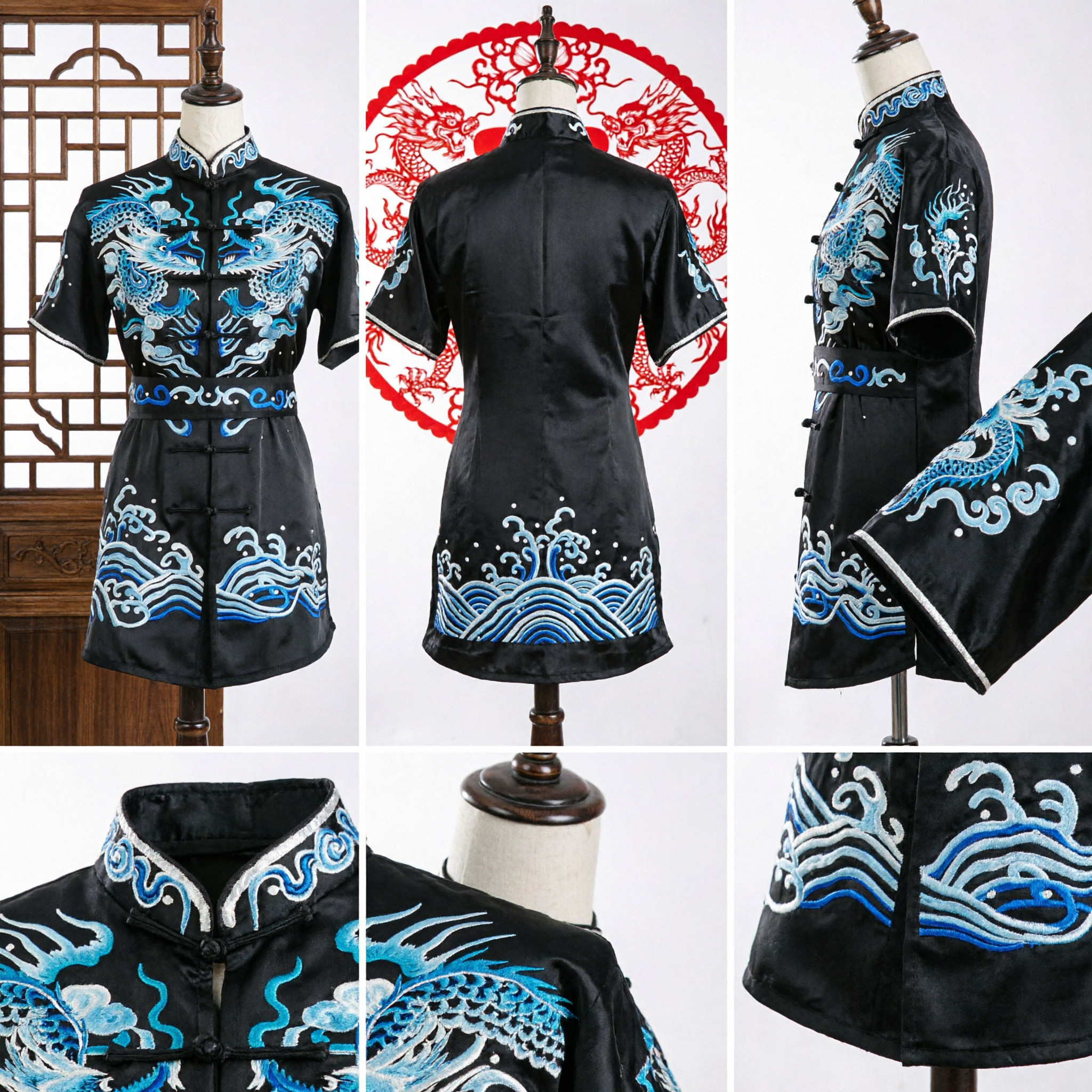 Men's Black Kung Fu Uniform Blue Dragon Embroidery Traditional Martial Arts Wushu Tai Chi Costume Set
