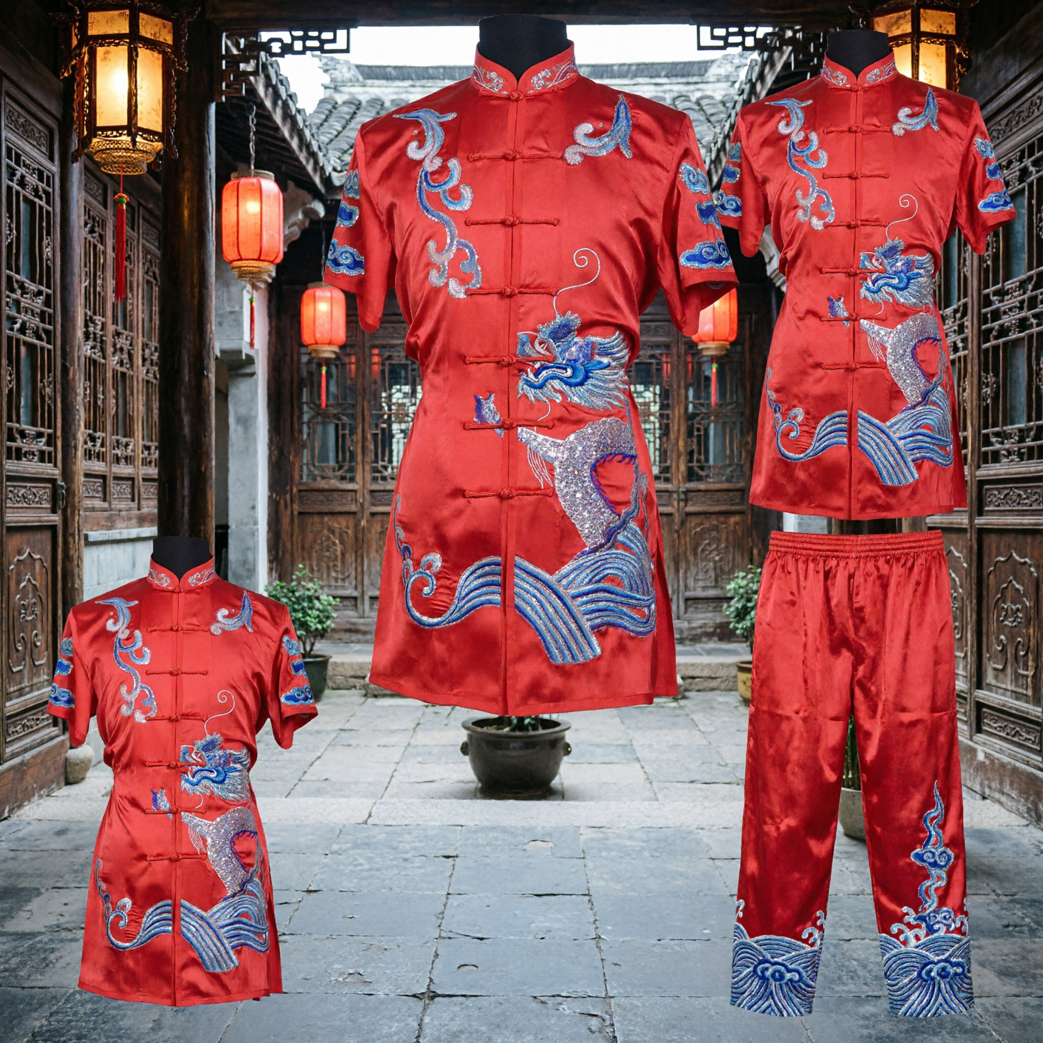 Traditional Chinese Red Satin Kung Fu Uniform with Blue Embroidery for Martial Arts and Lion Dance Performance