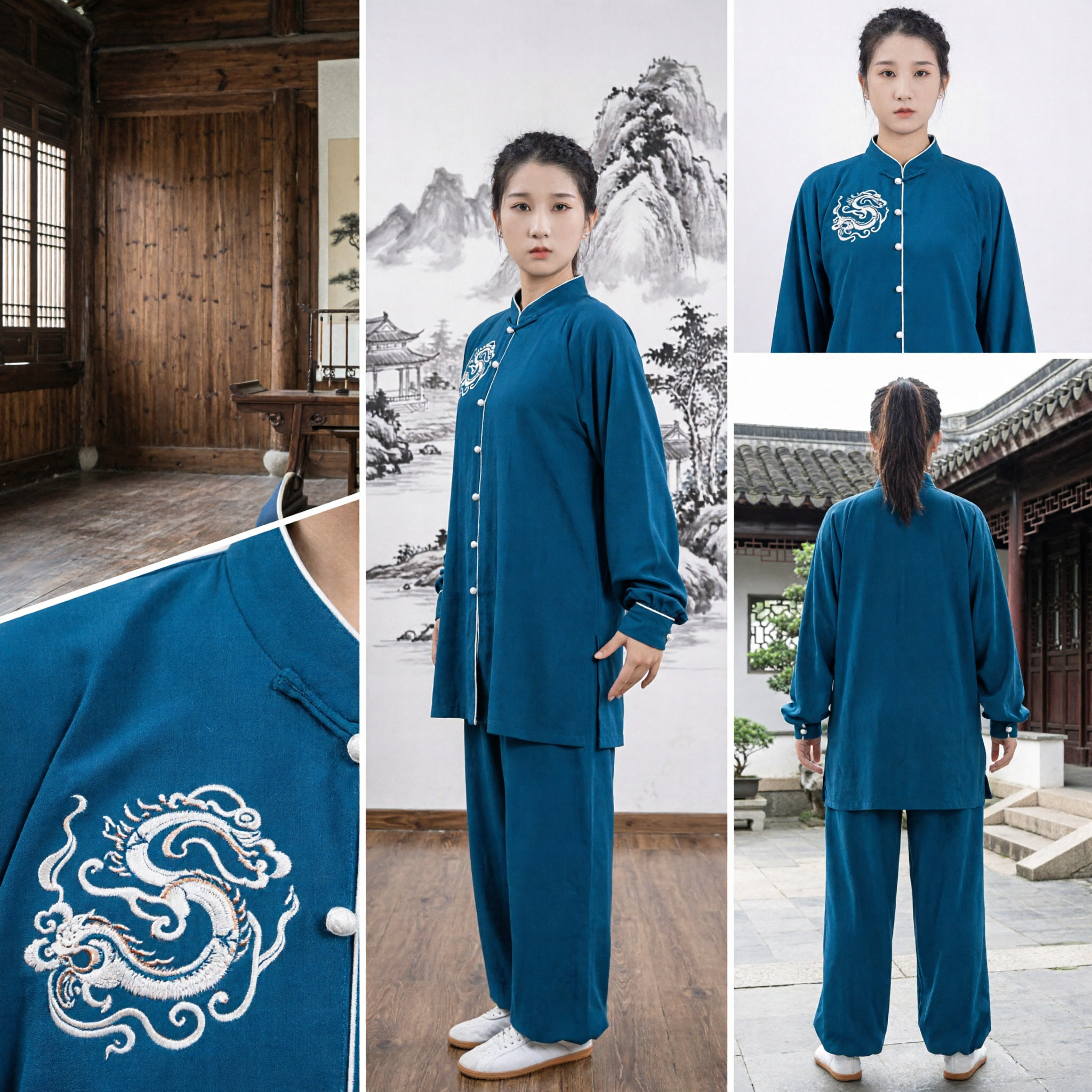 Traditional Chinese Tai Chi Uniform Women Kung Fu Suit Teal Blue Dragon Embroidery Martial Arts Clothing Set
