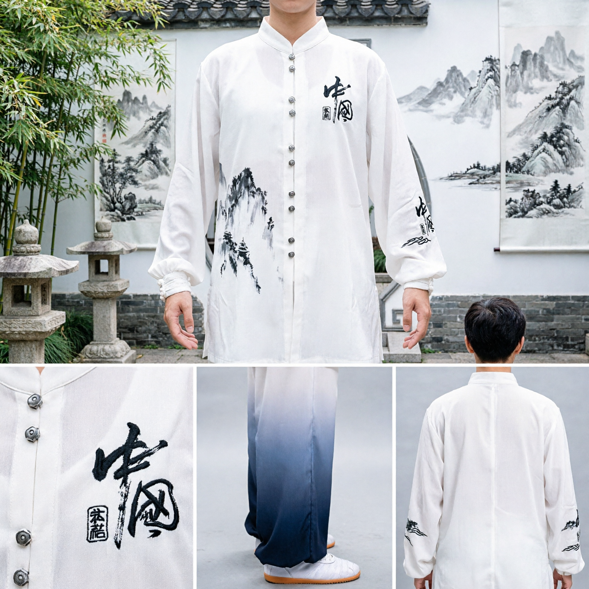 Women's Traditional Tai Chi Uniform Set White Ink Wash Painting Top Gradient Pants Kung Fu Martial Arts Clothing