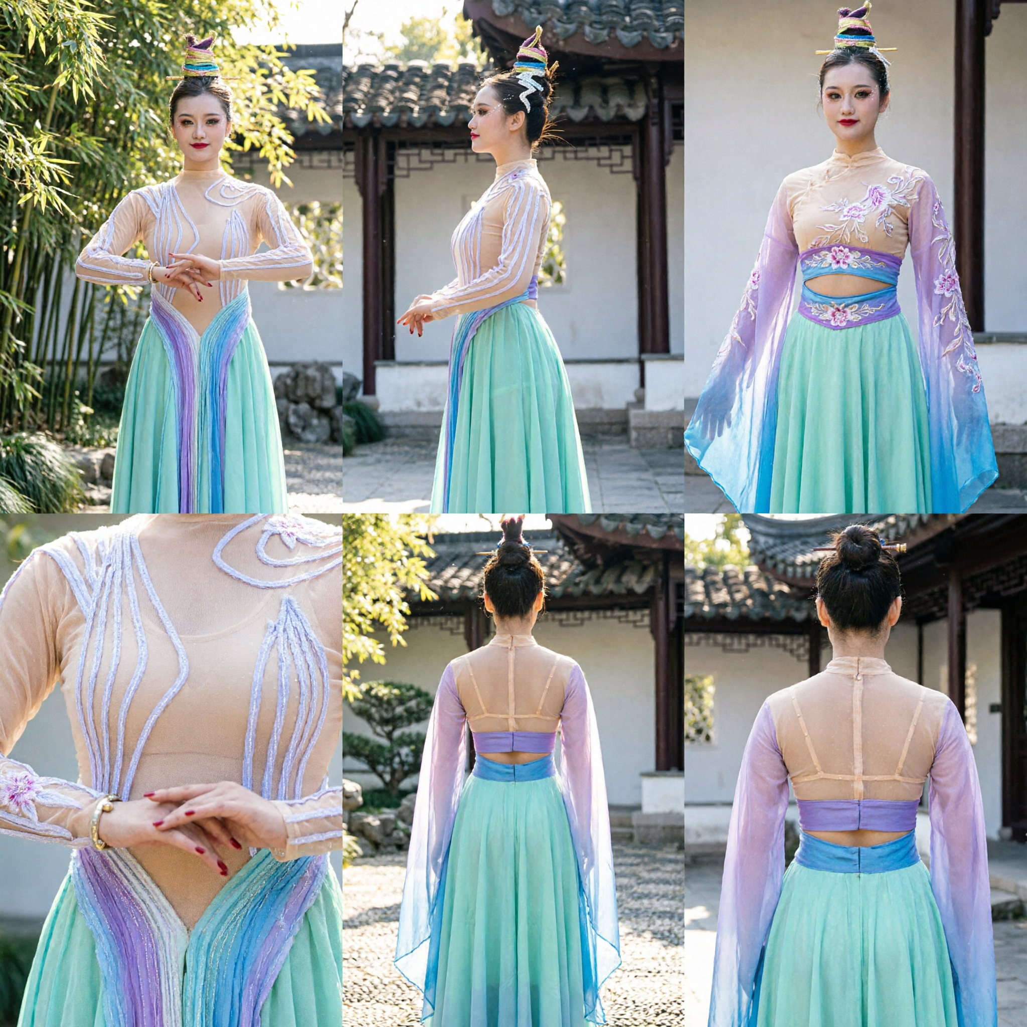 Chinese Folk Dance Costume Women Modern Traditional Stage Performance Dress Mint Green Gradient Skirt Sheer Mesh Top