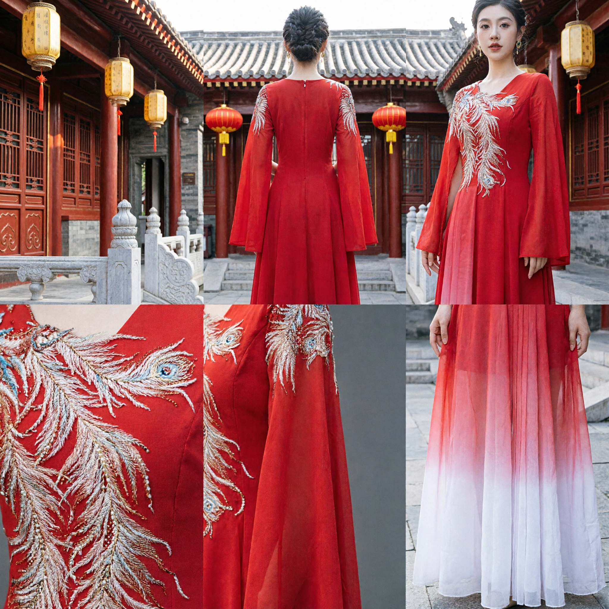 Elegant Red Chinese Style Evening Gown with Phoenix Embroidery and Cape Sleeves for Wedding Toast Host