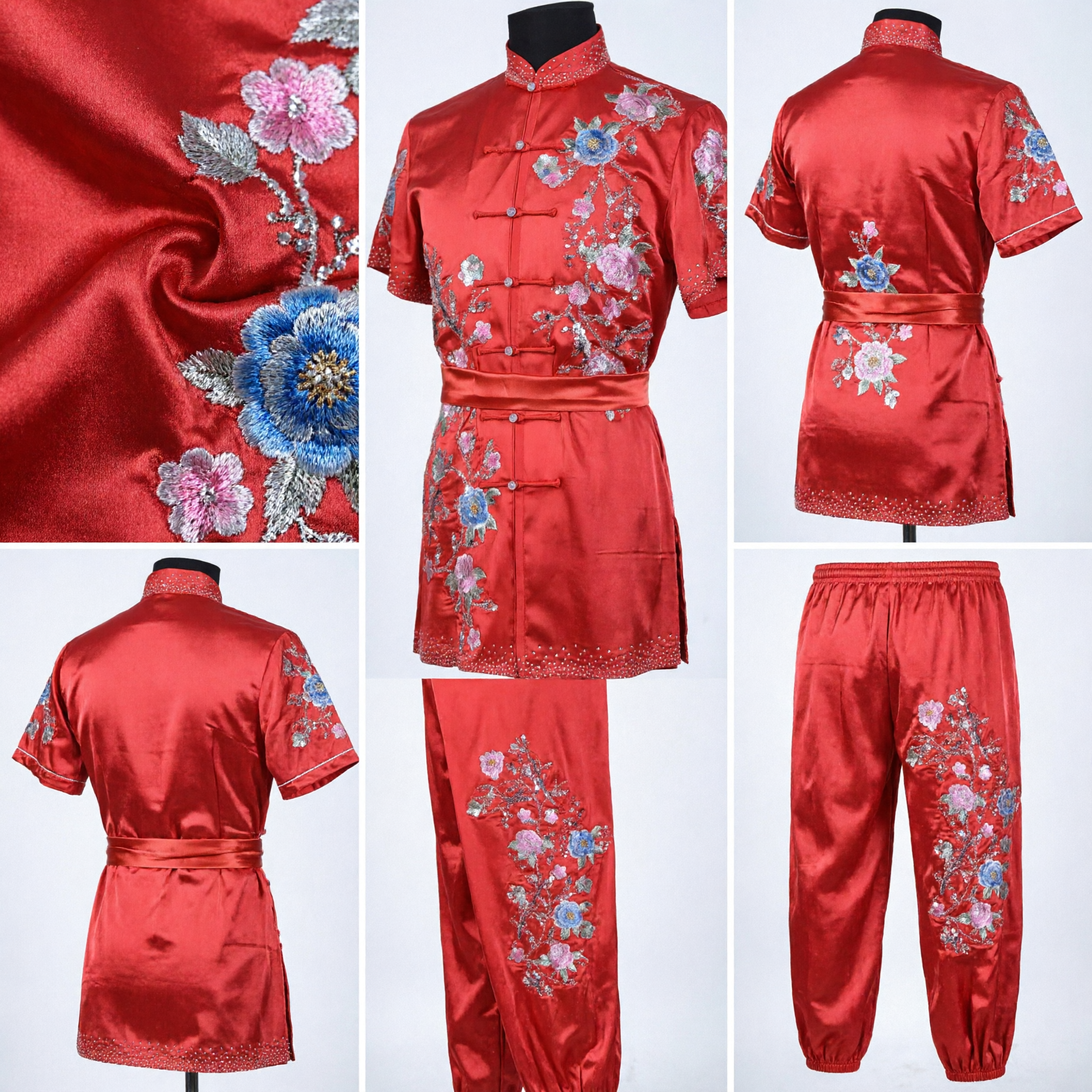 Women's Red Floral Embroidered Chinese Kung Fu Suit Traditional Tai Chi Martial Arts Uniform Costume
