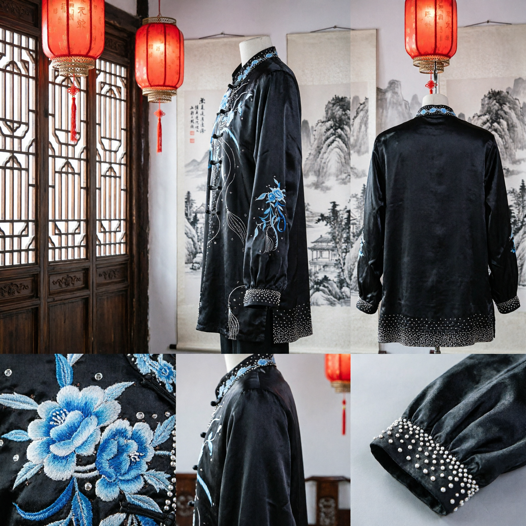 Traditional Chinese Martial Arts Uniform Black Tai Chi Suit Blue Floral Embroidery Kung Fu Wushu Costume Set