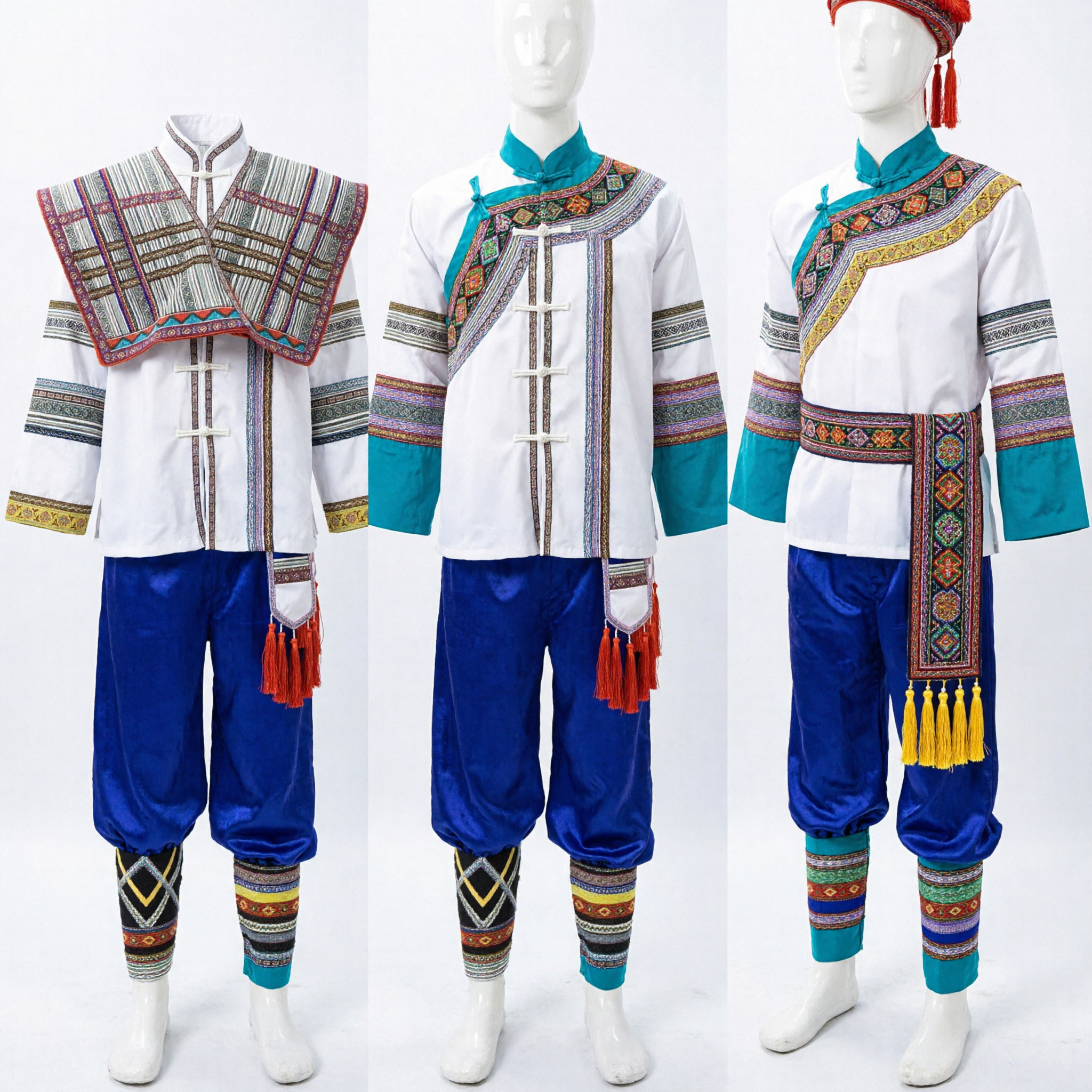 Traditional Chinese Ethnic Minority Folk Costume Men's Embroidered Clothing Set for Stage Dance Performance