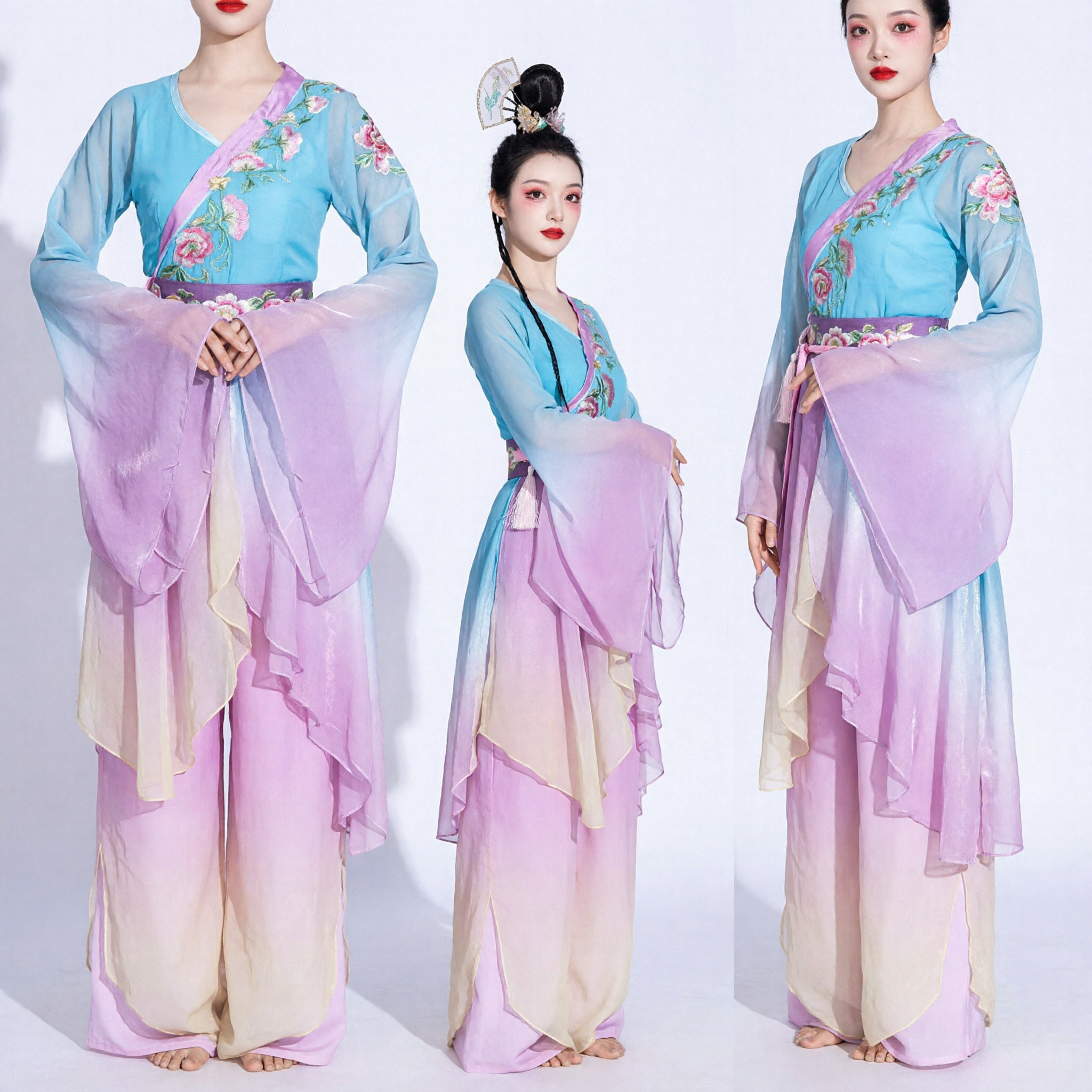 Chinese Classical Dance Costume for Women Gradient Pink and Blue Hanfu Stage Performance Outfit with Flowing Sleeves