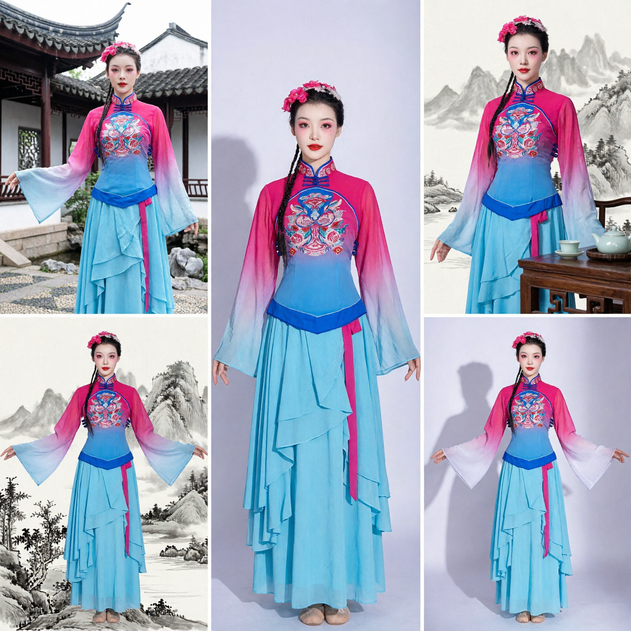 Women's Traditional Chinese Folk Dance Costume Pink Blue Gradient Embroidered Top with Water Sleeves and Skirt for Performance