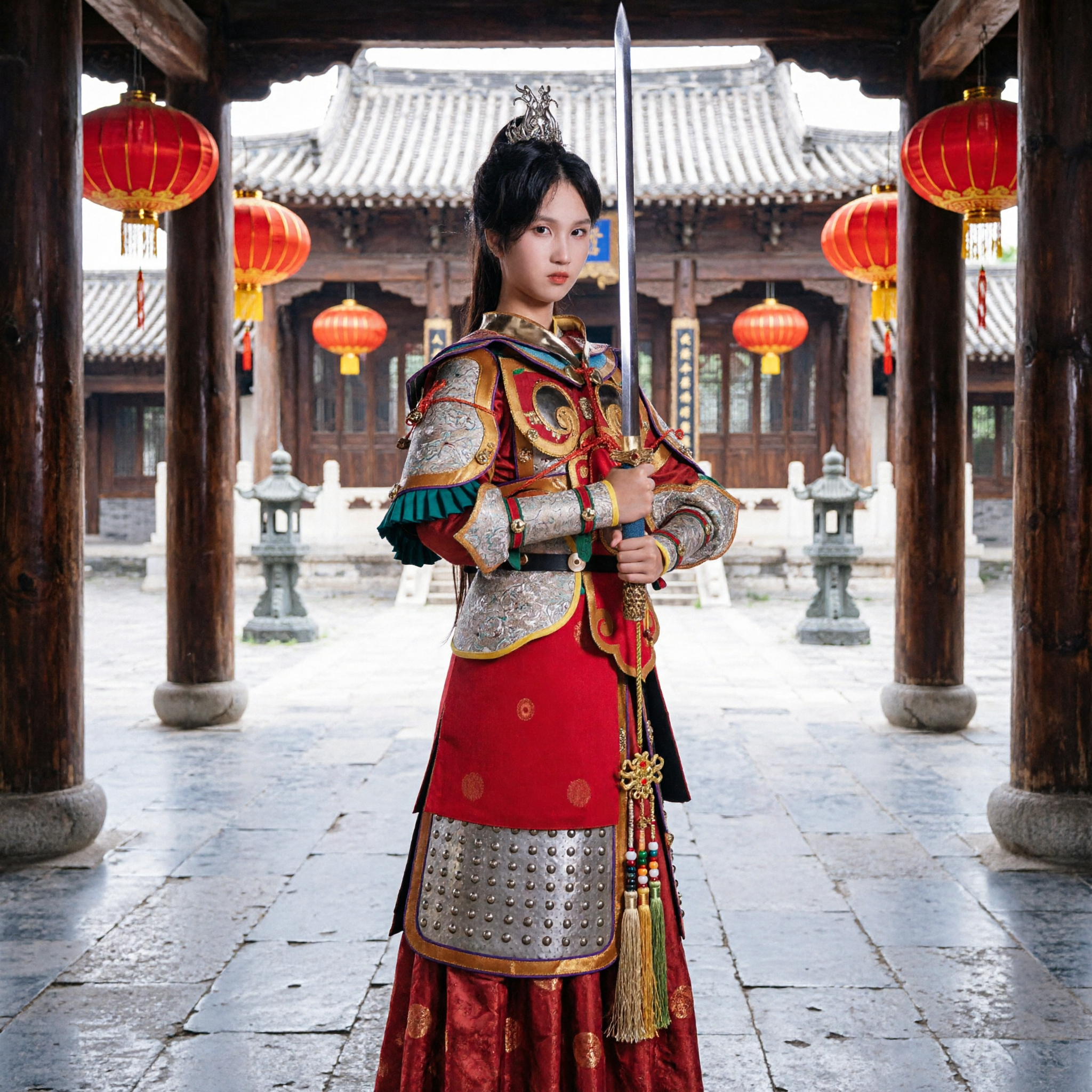 Ancient Chinese Female General Armor Costume Traditional Red Warrior Hanfu for Cosplay and Stage Performance