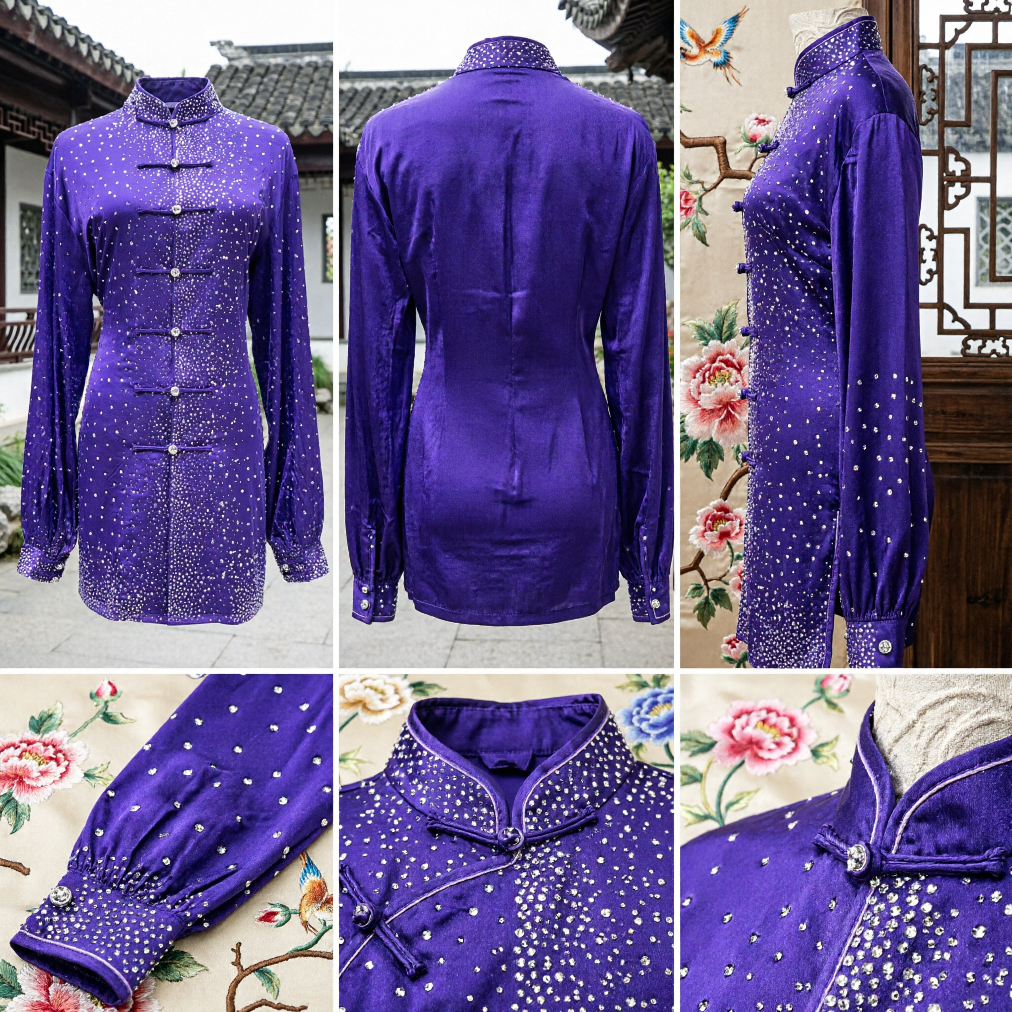 Purple Rhinestone Kung Fu Uniform Traditional Chinese Martial Arts Tai Chi Wushu Performance Costume Set