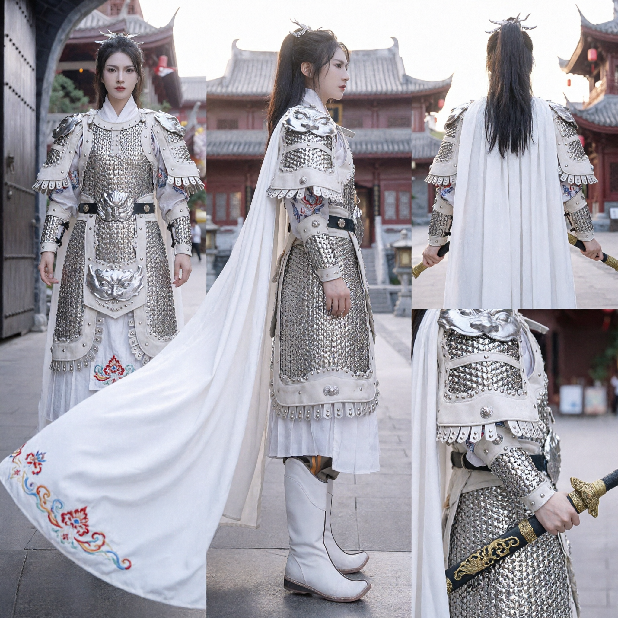 Ancient Chinese General Knight Cosplay Costume White Silver Armor Traditional Hanfu Warrior Outfit for Adults