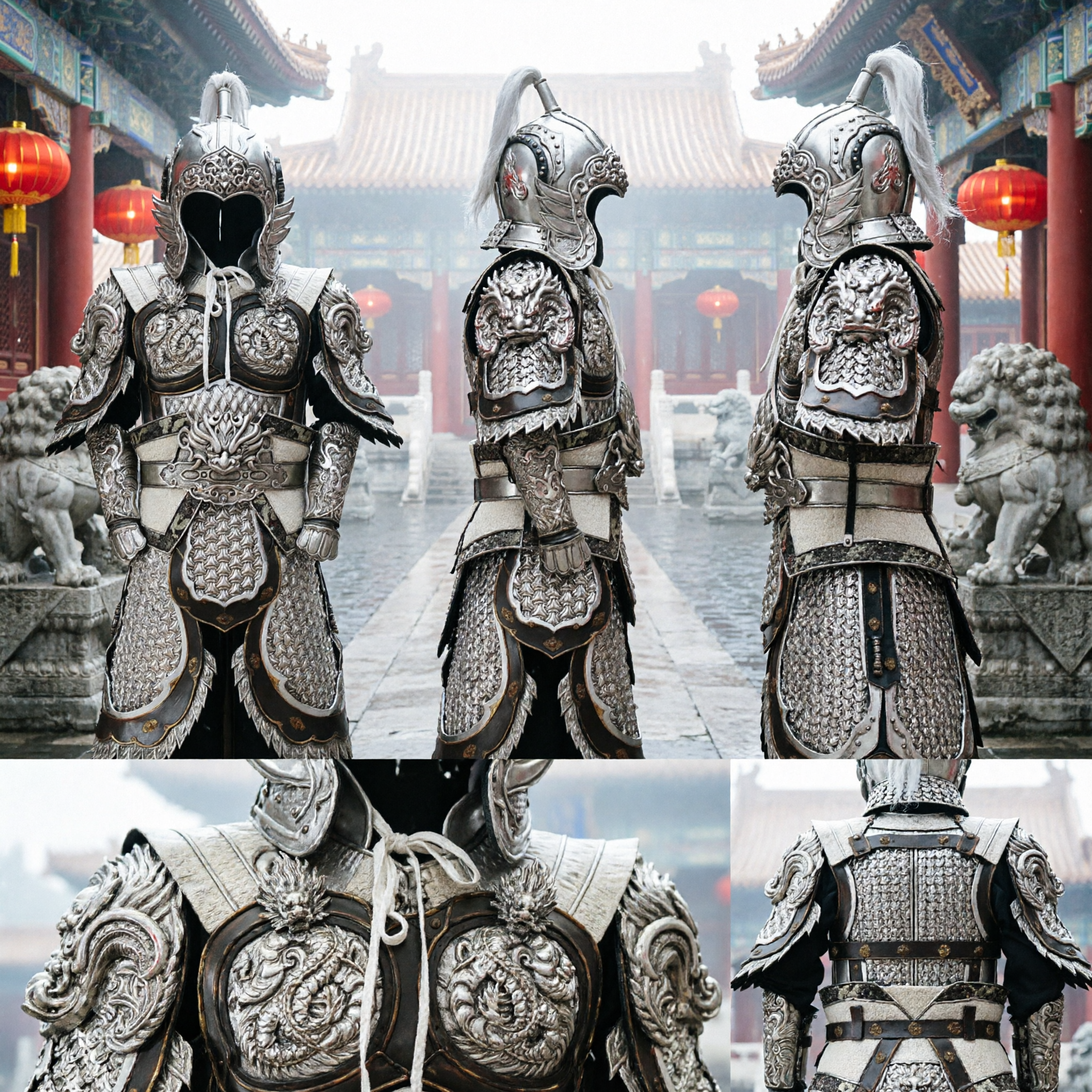 Ancient Chinese General Silver Dragon Armor Full Set Warrior Cosplay Costume for Men Stage Performance