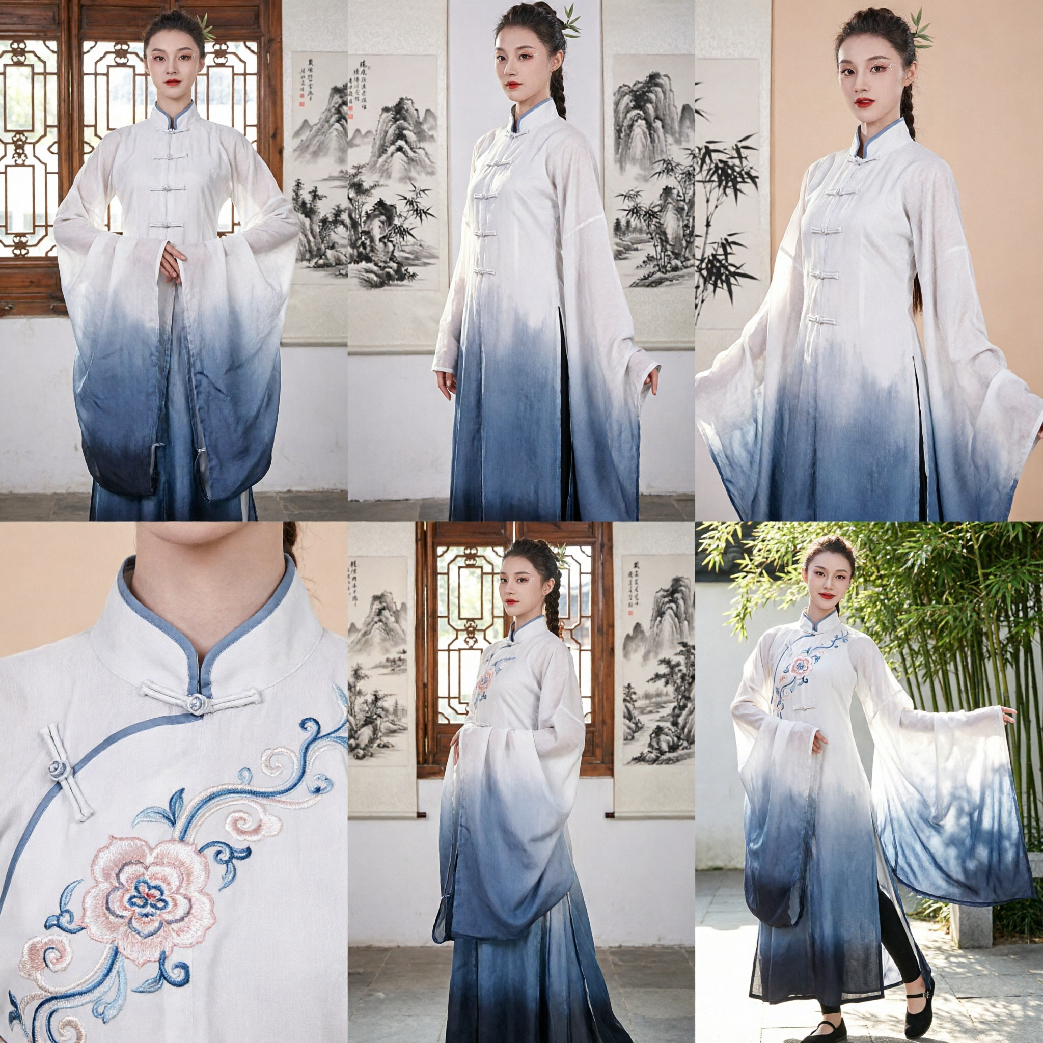 Women's Chinese Traditional Dance Costume White Gradient Long Sleeve Tai Chi Kung Fu Uniform for Stage Performance