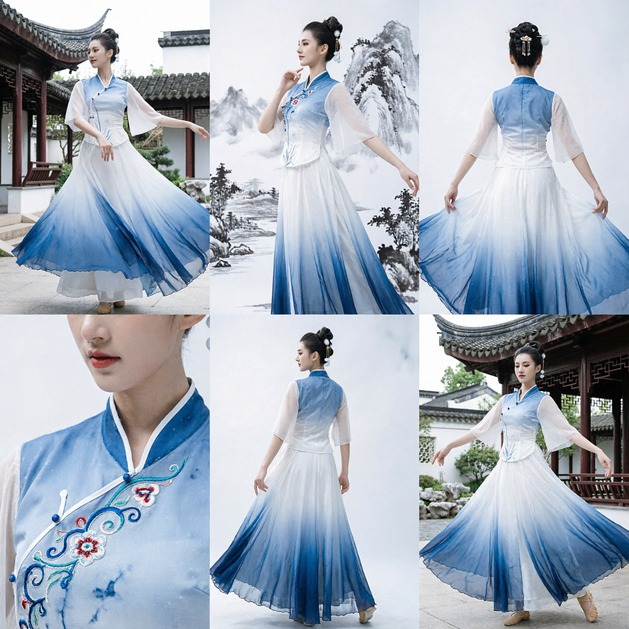 Elegant Blue Gradient Chinese Classical Dance Costume Traditional Hanfu Dress for Women Stage Performance