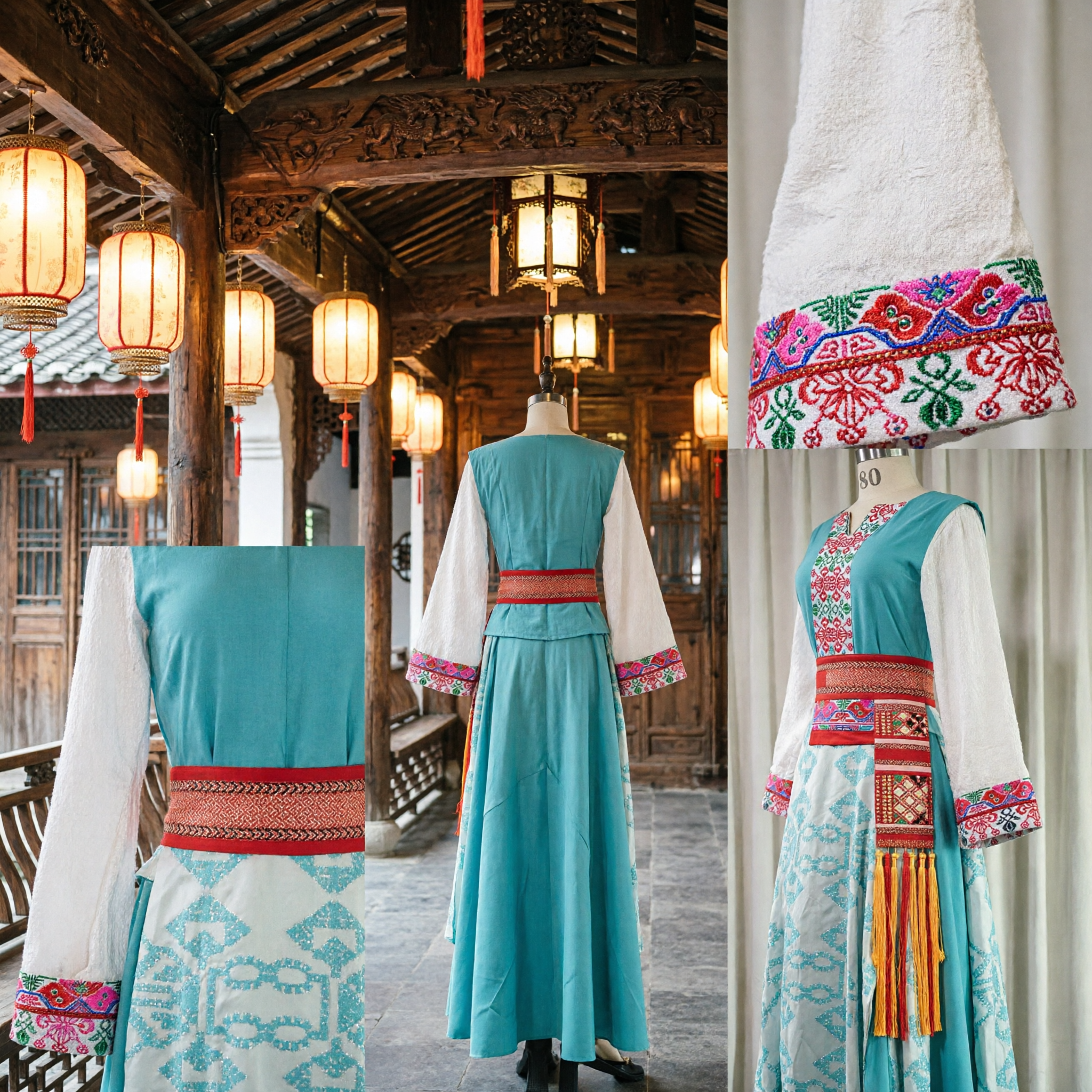Traditional Chinese Ethnic Minority Folk Dance Costume for Women Blue Teal Embroidered Dress Stage Performance Outfit