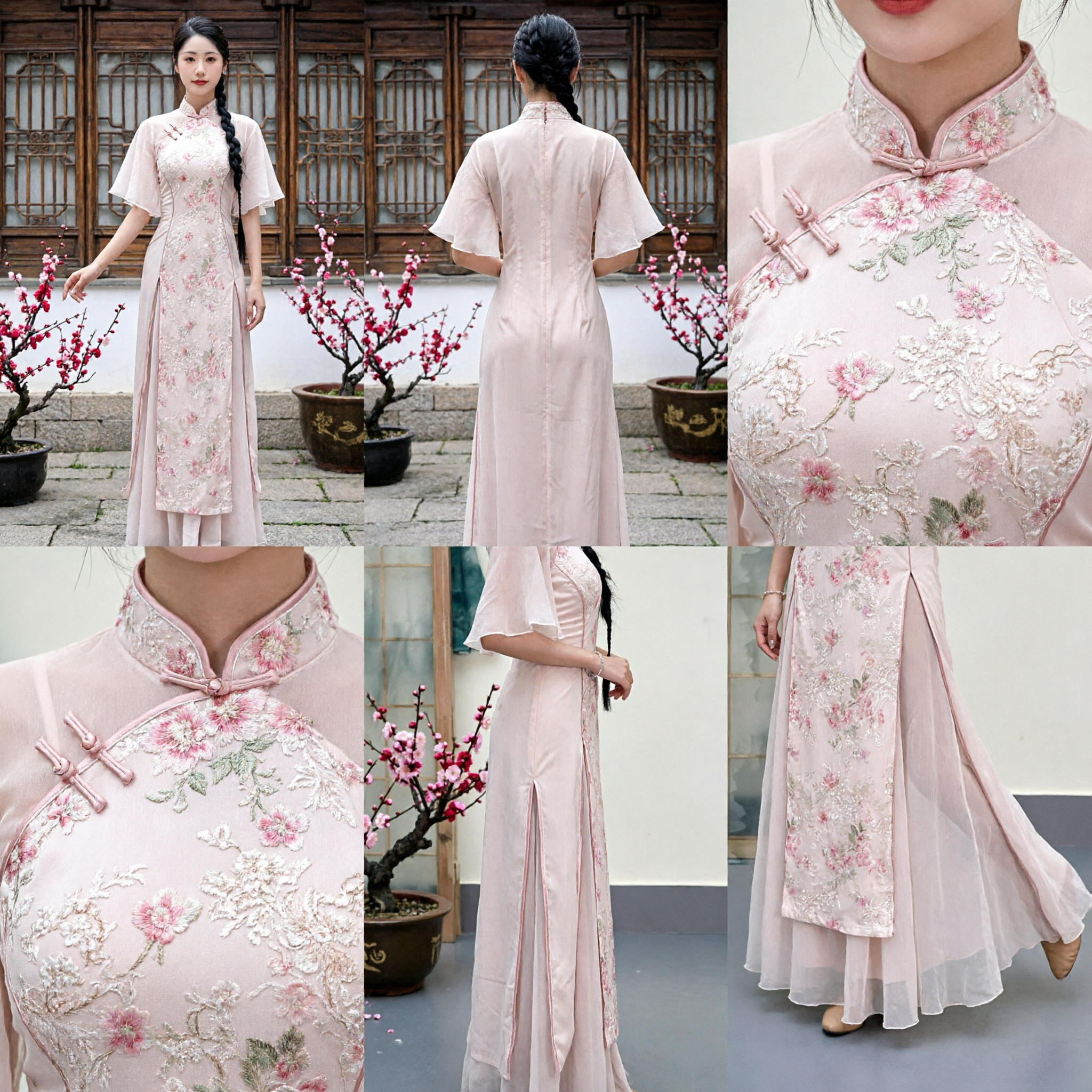 Elegant Pink Floral Embroidered Modified Cheongsam Traditional Chinese Classical Dance Performance Dress for Women