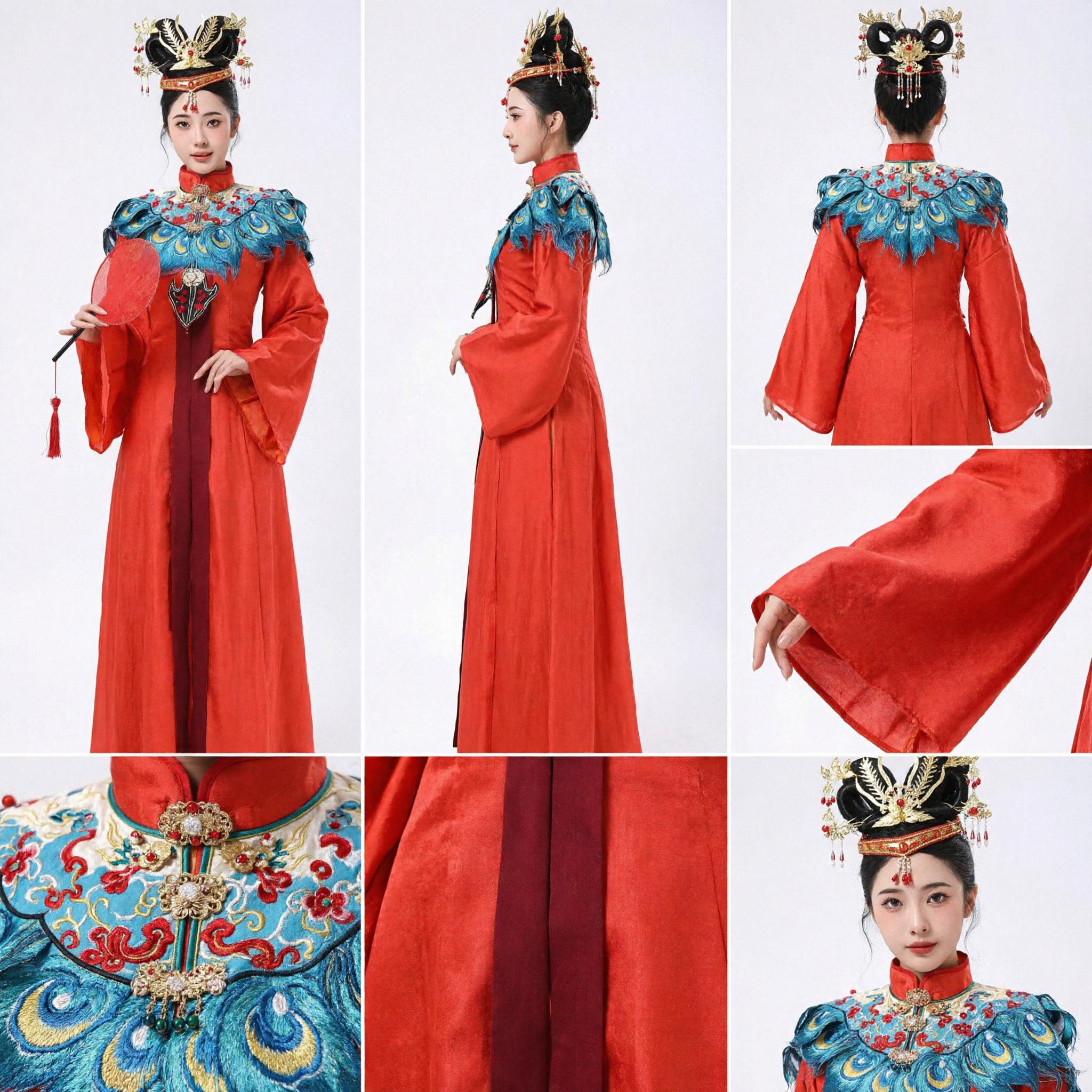 Traditional Chinese Peking Opera Costume Ancient Princess Red Robe with Peacock Cloud Collar and Headwear Set
