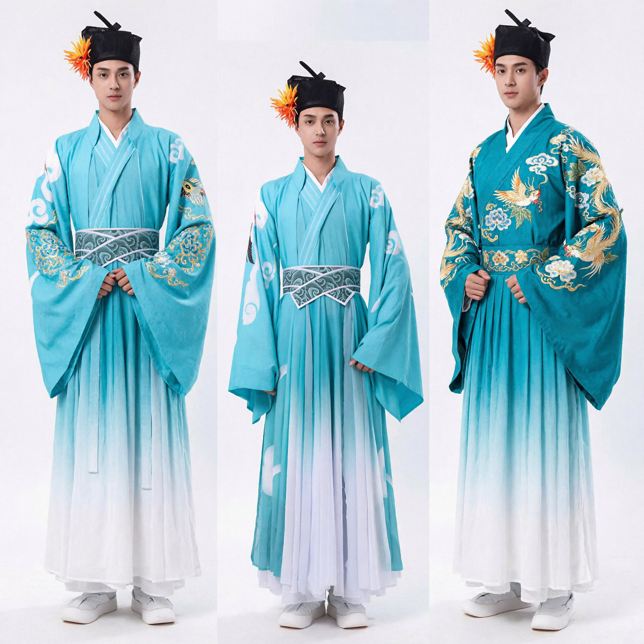 Men's Ancient Chinese Scholar Hanfu Costume Traditional Blue Robe with Cloud Pattern for Cosplay Performance