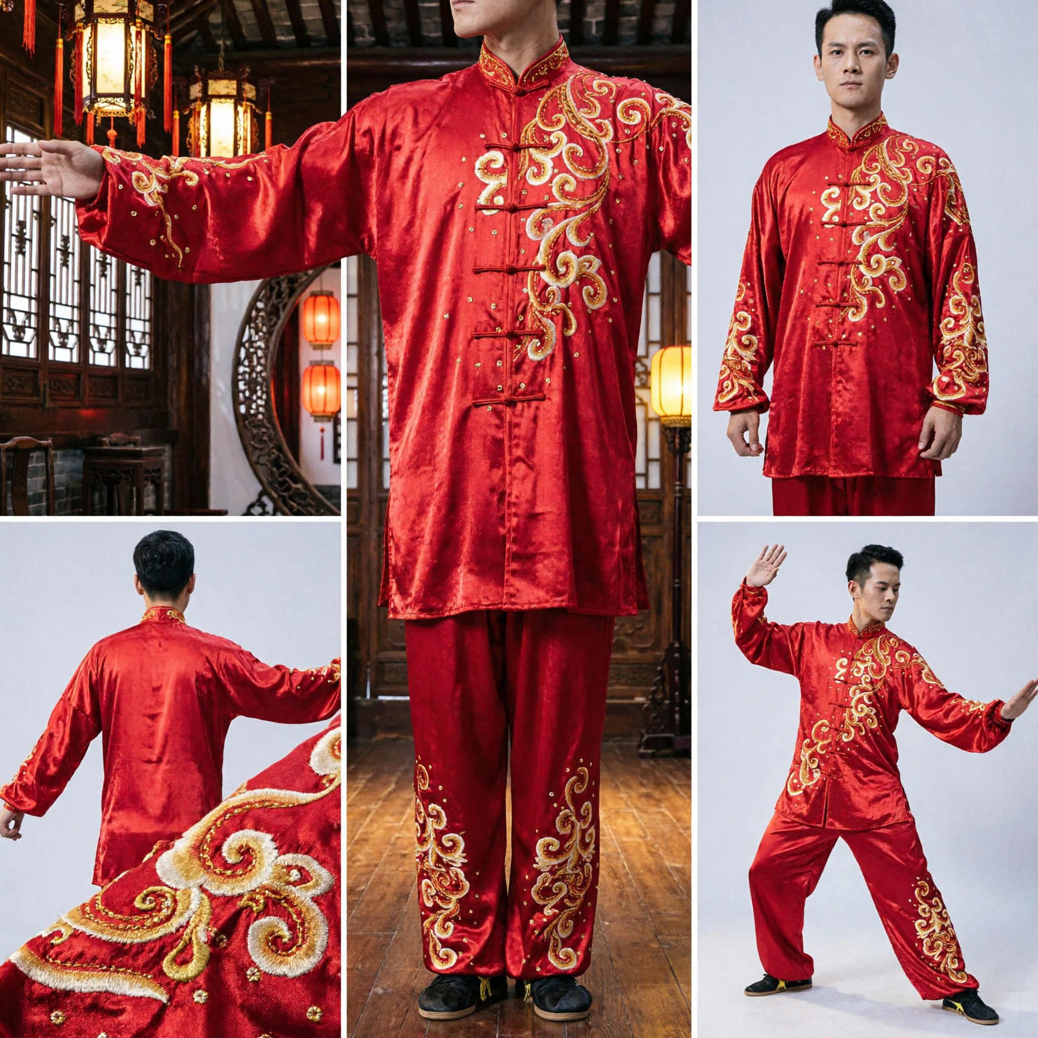 Men's Red Silk Wushu Uniform Traditional Kung Fu Tai Chi Suit Gold Embroidery Competition Clothing