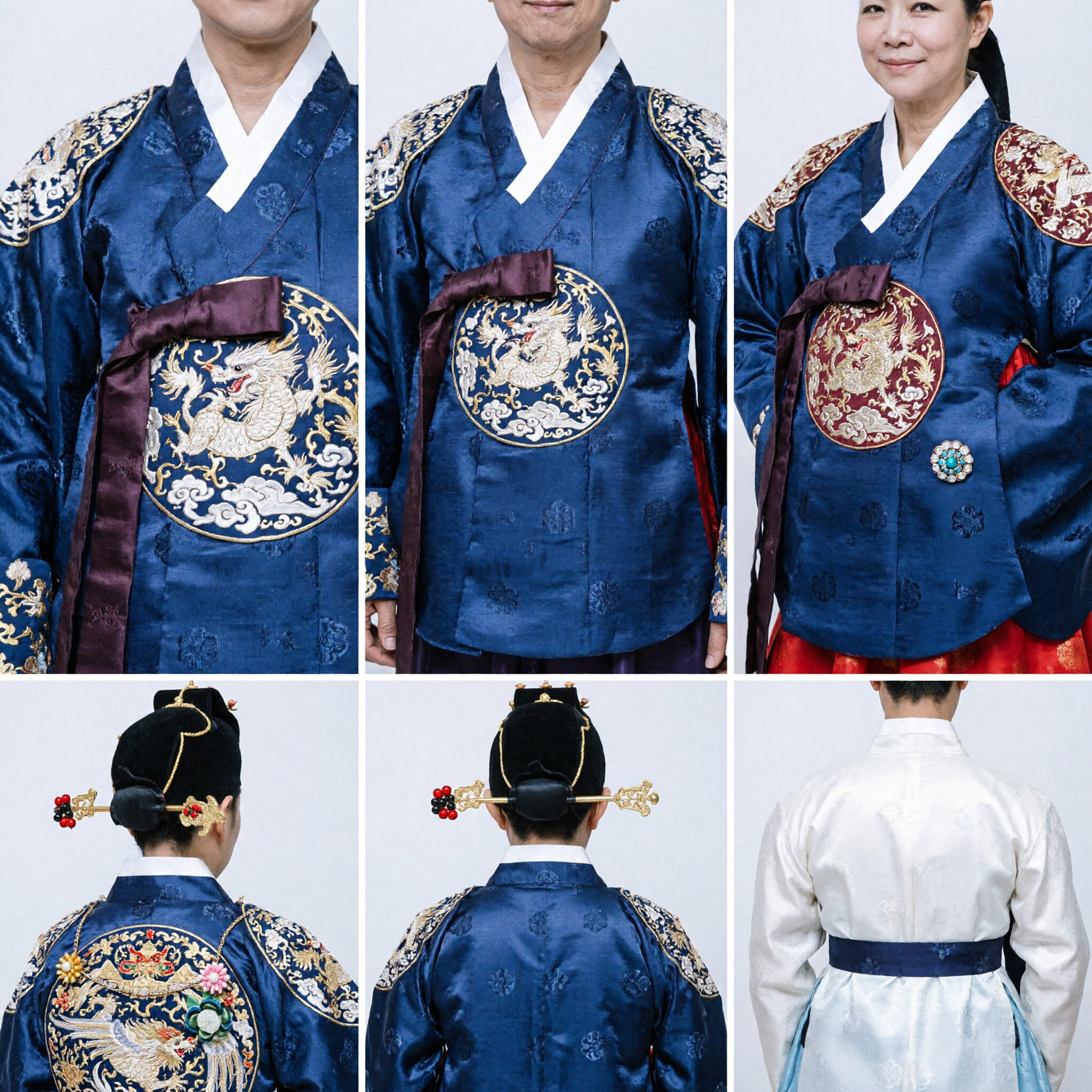 Authentic Korean Traditional Wedding Hanbok Set for Groom and Bride Blue Robe and Red Hwarot