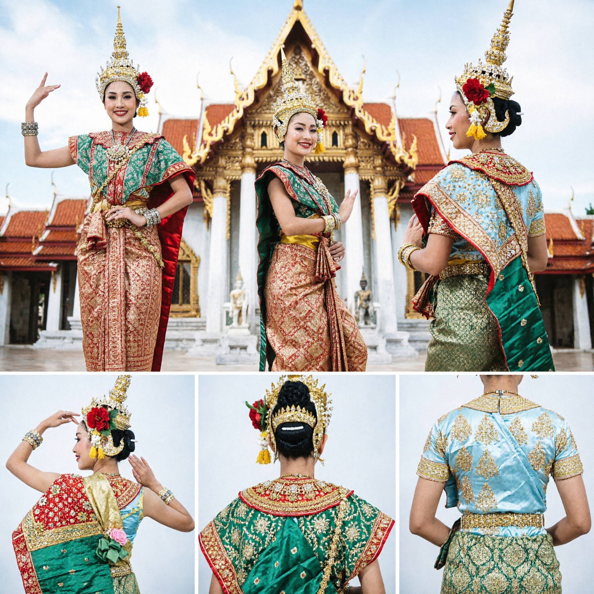 Women's Traditional Thai Classical Dance Costume Set with Headdress for Stage Performance and Cultural Festivals