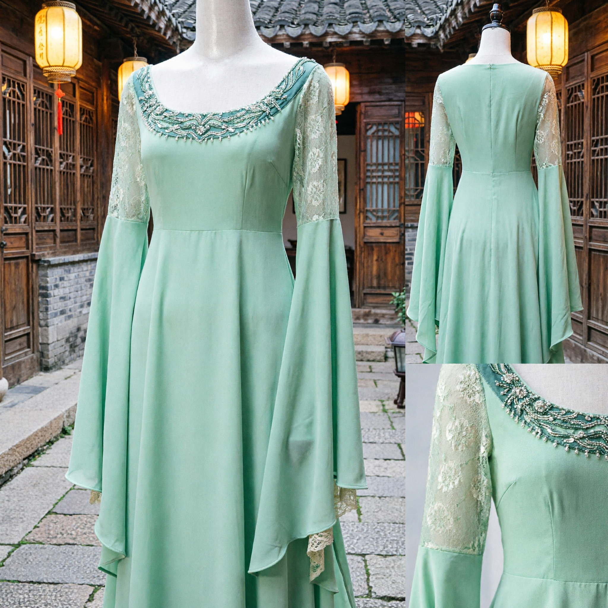 Women's Light Green Medieval Renaissance Gown with Lace Bell Sleeves and Embroidered Bodice for LARP and Cosplay