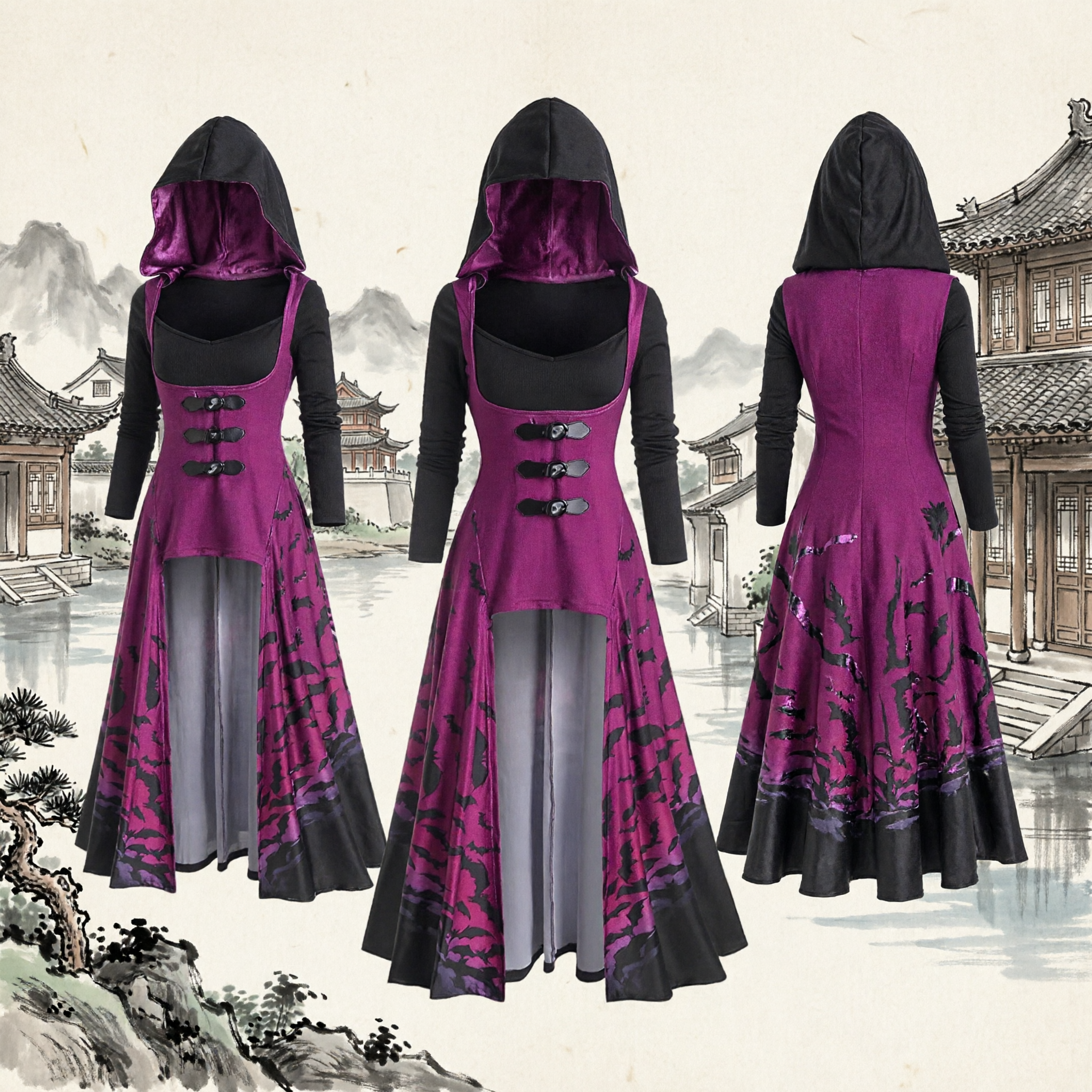 Women's Gothic Medieval Hooded Witch Dress Purple Bat Print Fantasy Costume for Halloween Cosplay LARP