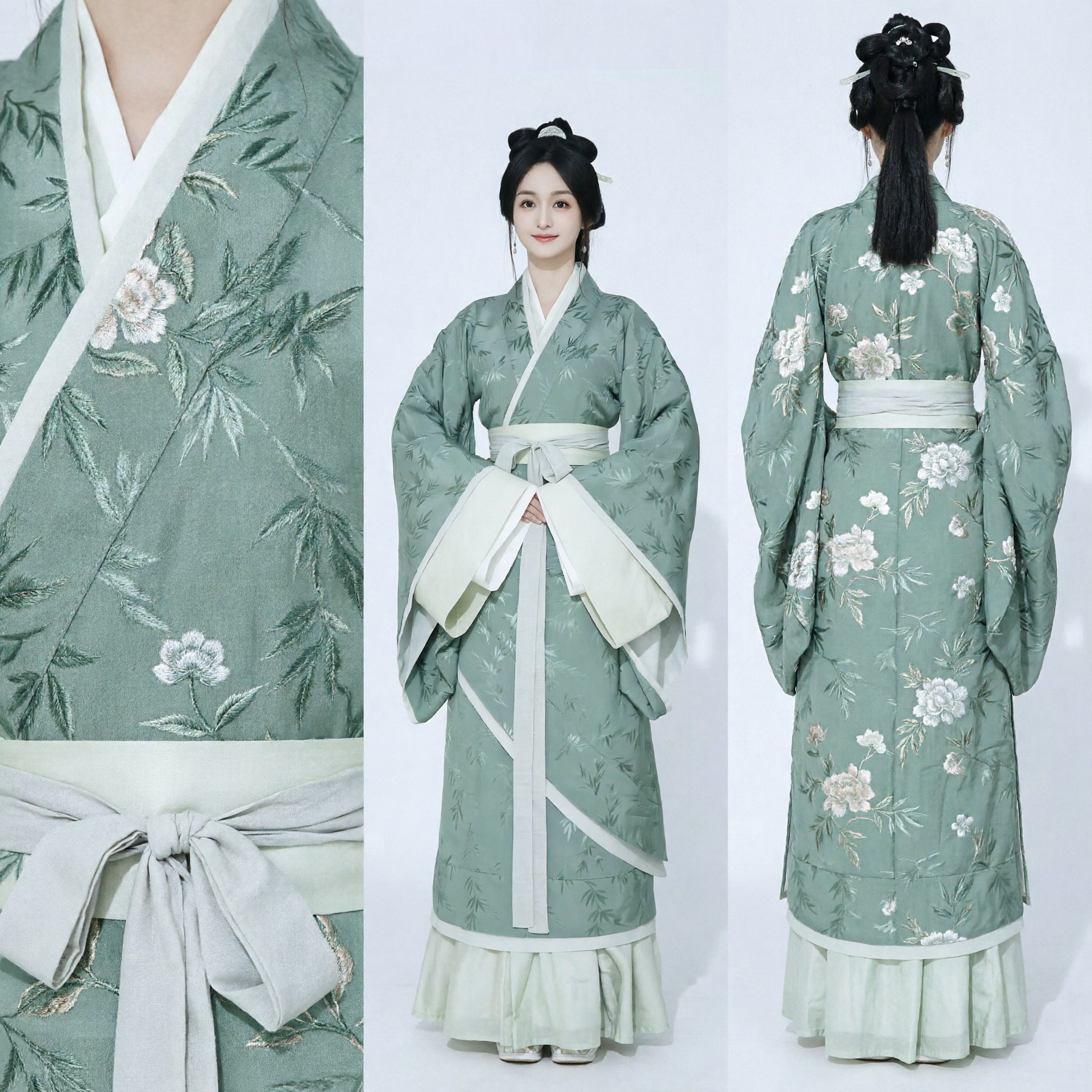 Traditional Chinese Hanfu Women's Sage Green Bamboo Pattern Wide Sleeve Robe Ancient Costume for Photography