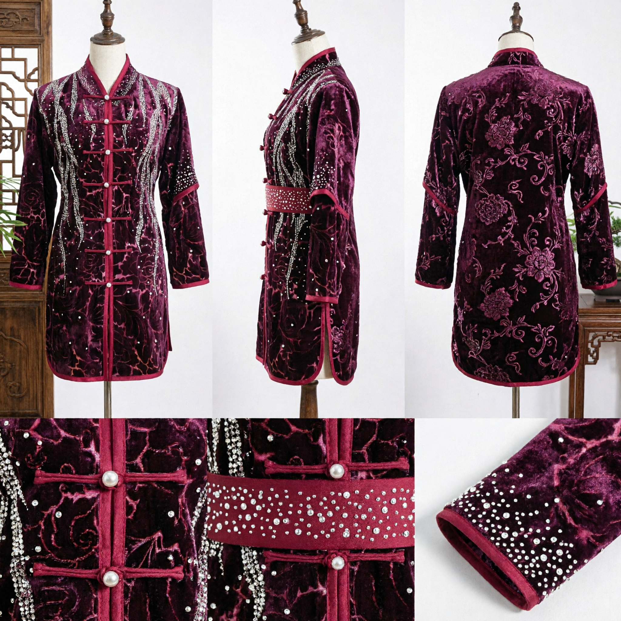 Men's Traditional Chinese Kung Fu Uniform Purple Velvet Martial Arts Tai Chi Suit Rhinestone Costume