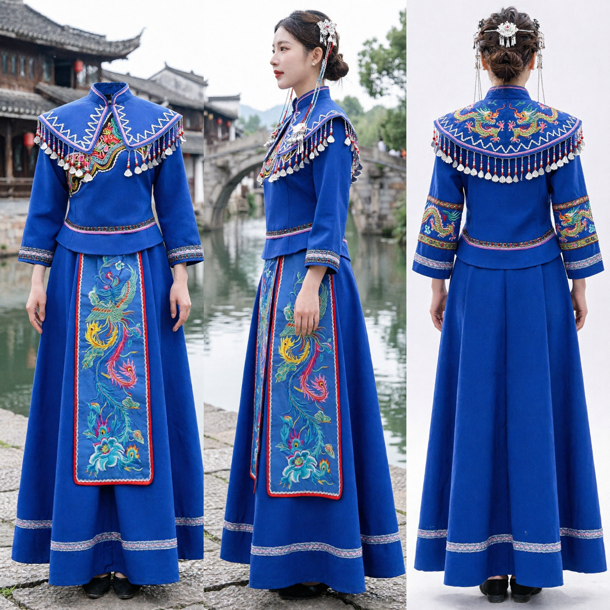 Chinese Traditional Miao Ethnic Costume Royal Blue Embroidered Dress with Phoenix Pattern for Folk Dance Performance