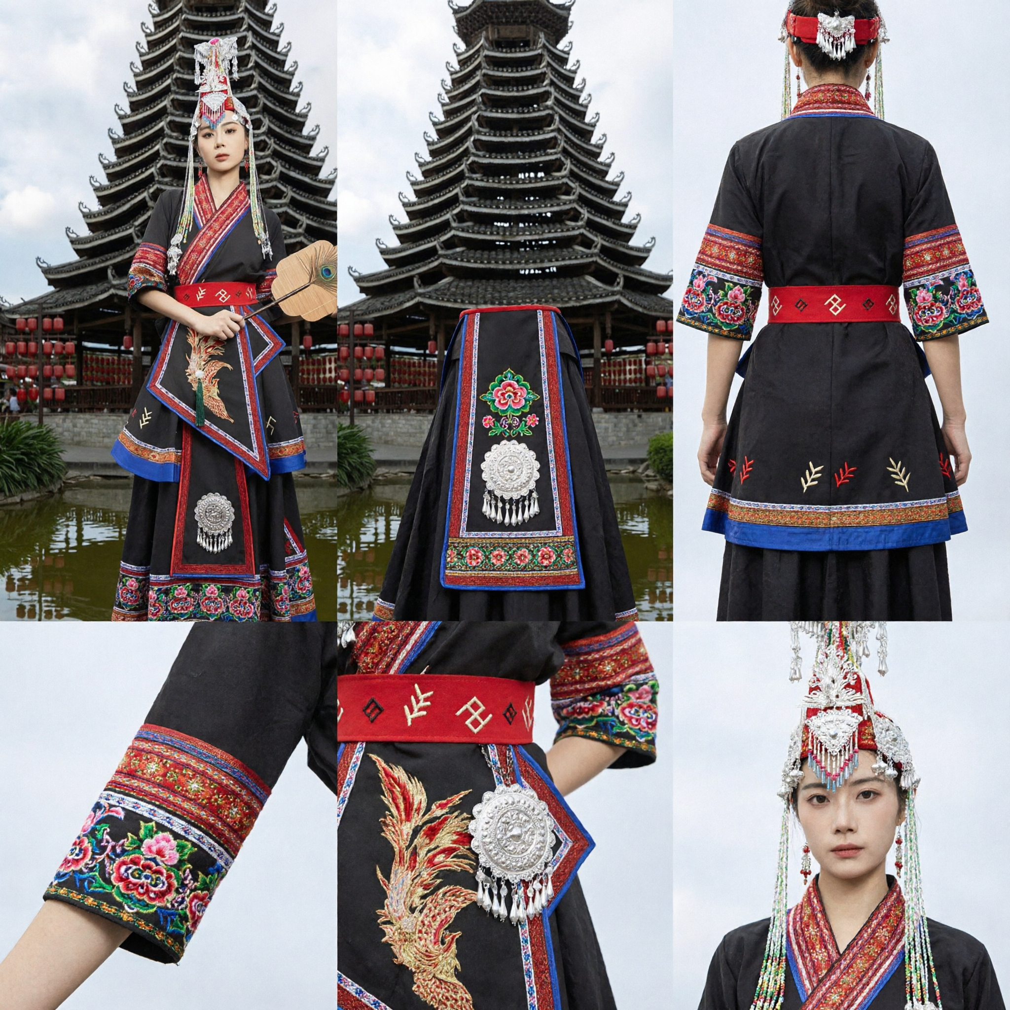 Traditional Chinese Dong Minority Costume Black Ethnic Dress with Silver Headdress for Women Stage Performance