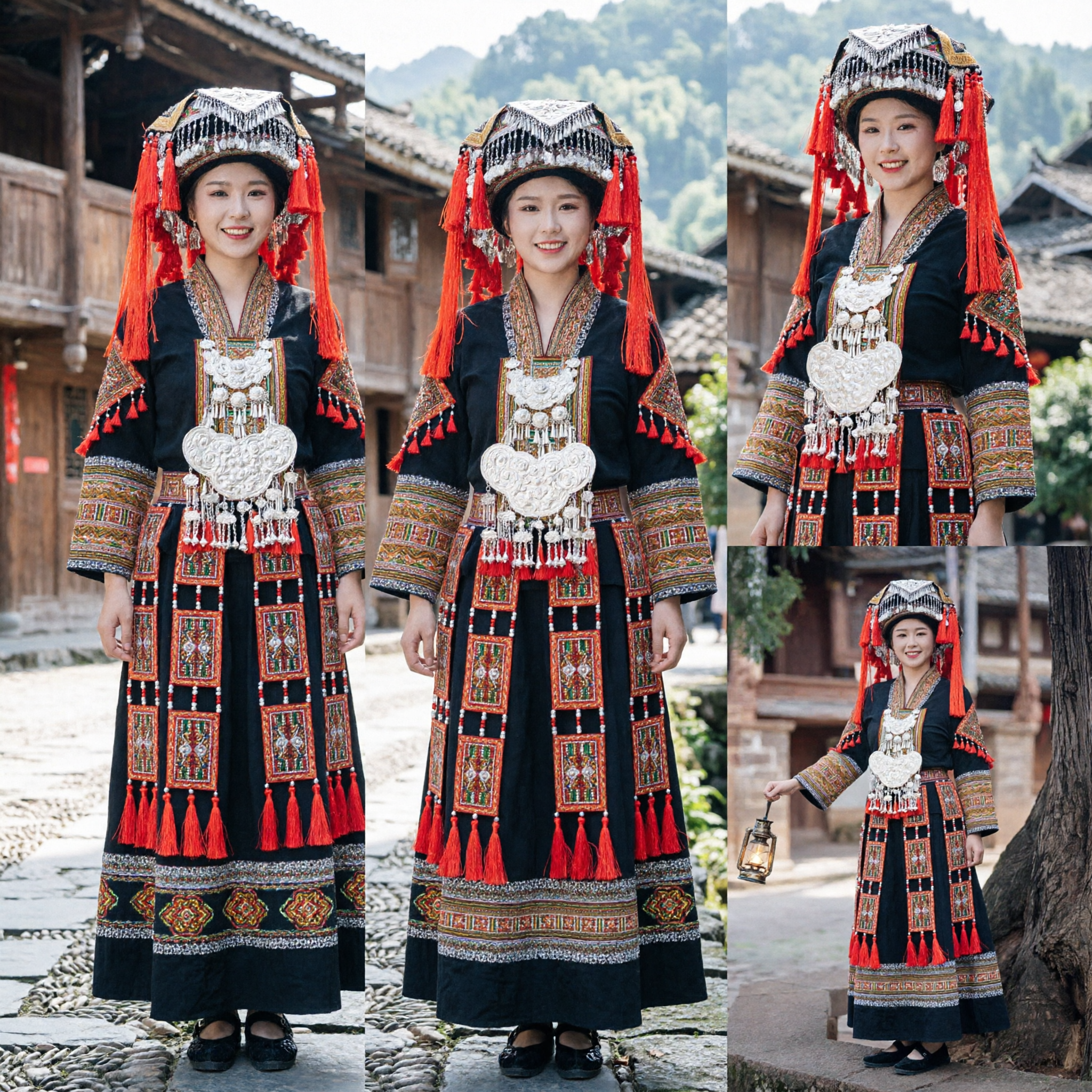 Women's Traditional Chinese Yi Ethnic Costume Set with Embroidered Black Dress and Silver Headdress for Folk Dance Performance