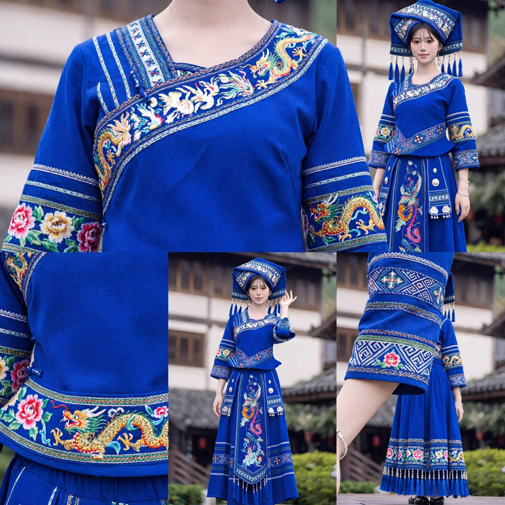 Traditional Chinese Blue Embroidered Phoenix Dress Zhuang Ethnic Minority National Costume for Women Dance Performance