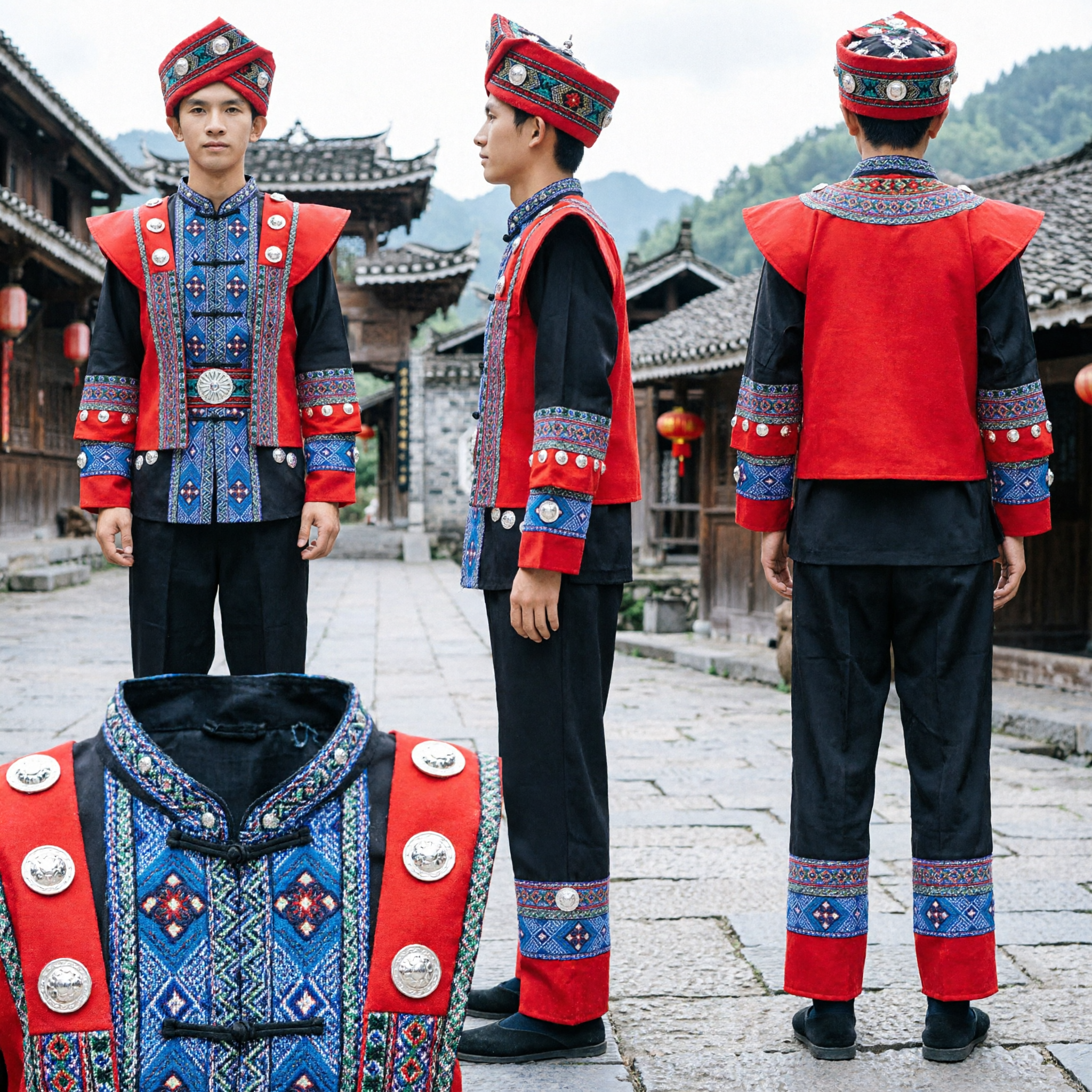 Traditional Chinese Miao Ethnic Minority Costume Men's Folk Dance Performance Outfit with Silver Ornaments