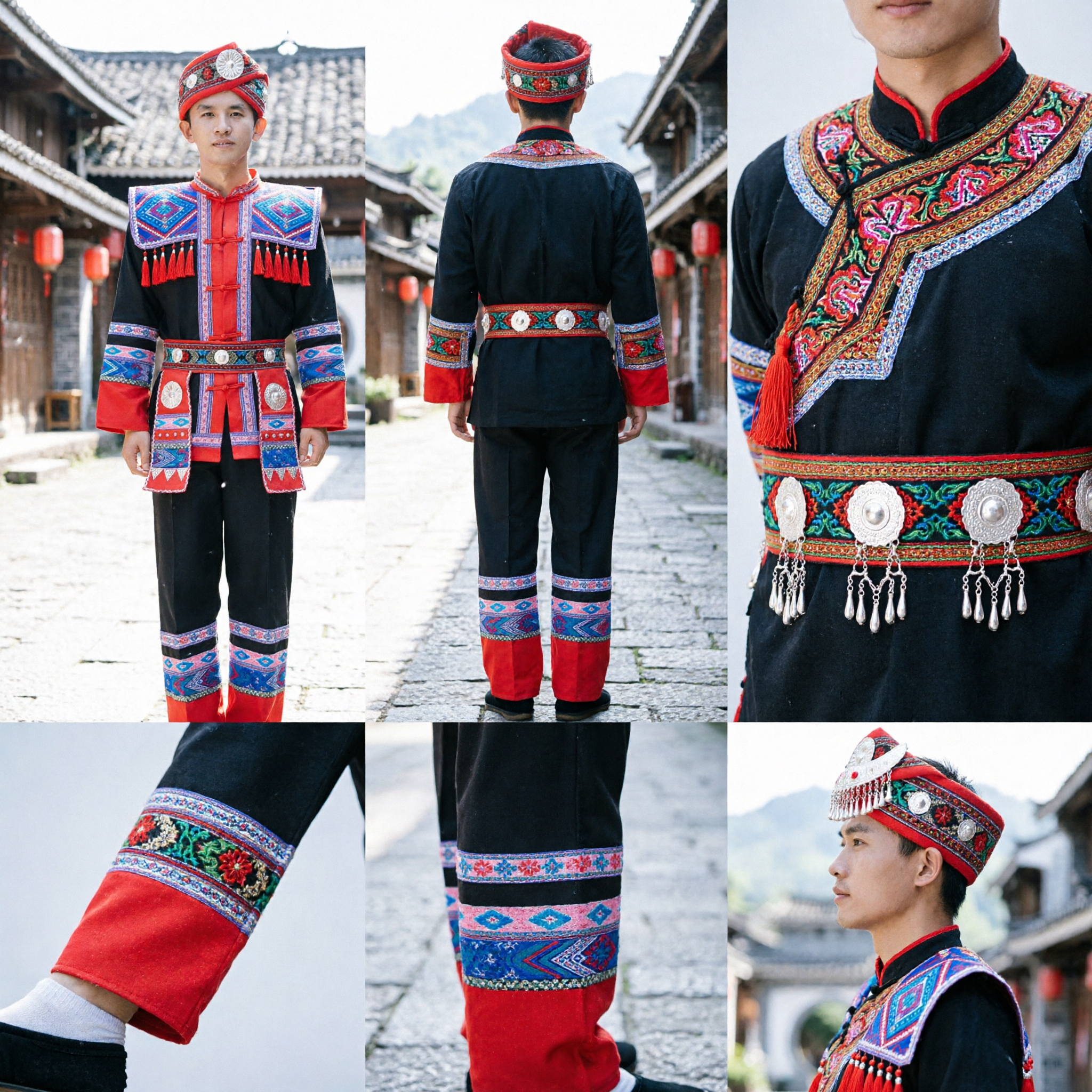 Traditional Chinese Miao Ethnic Minority Men's Costume Folk Dance Stage Performance Outfit with Embroidery