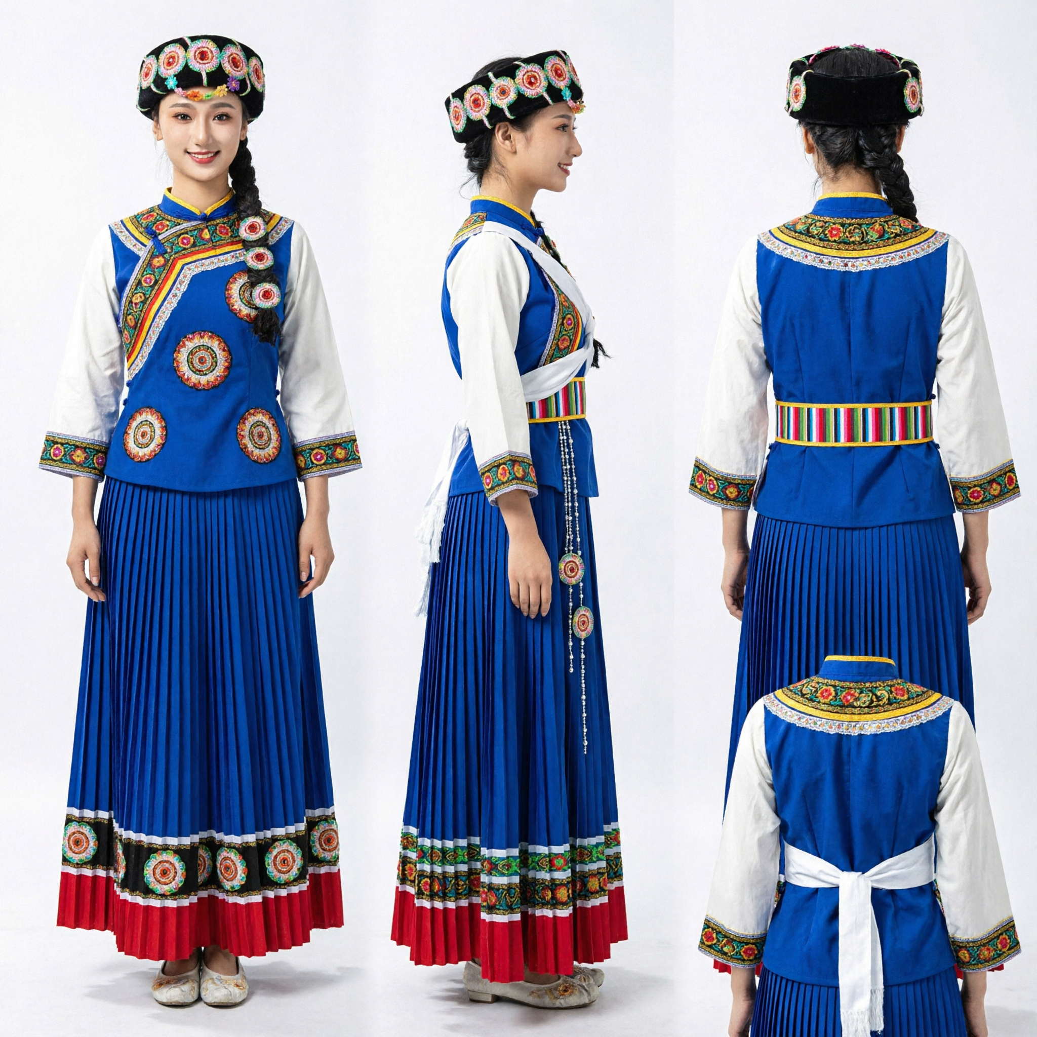 Traditional Chinese Ethnic Tibetan Style Blue Folk Dance Costume Complete Set for Women Stage Performance