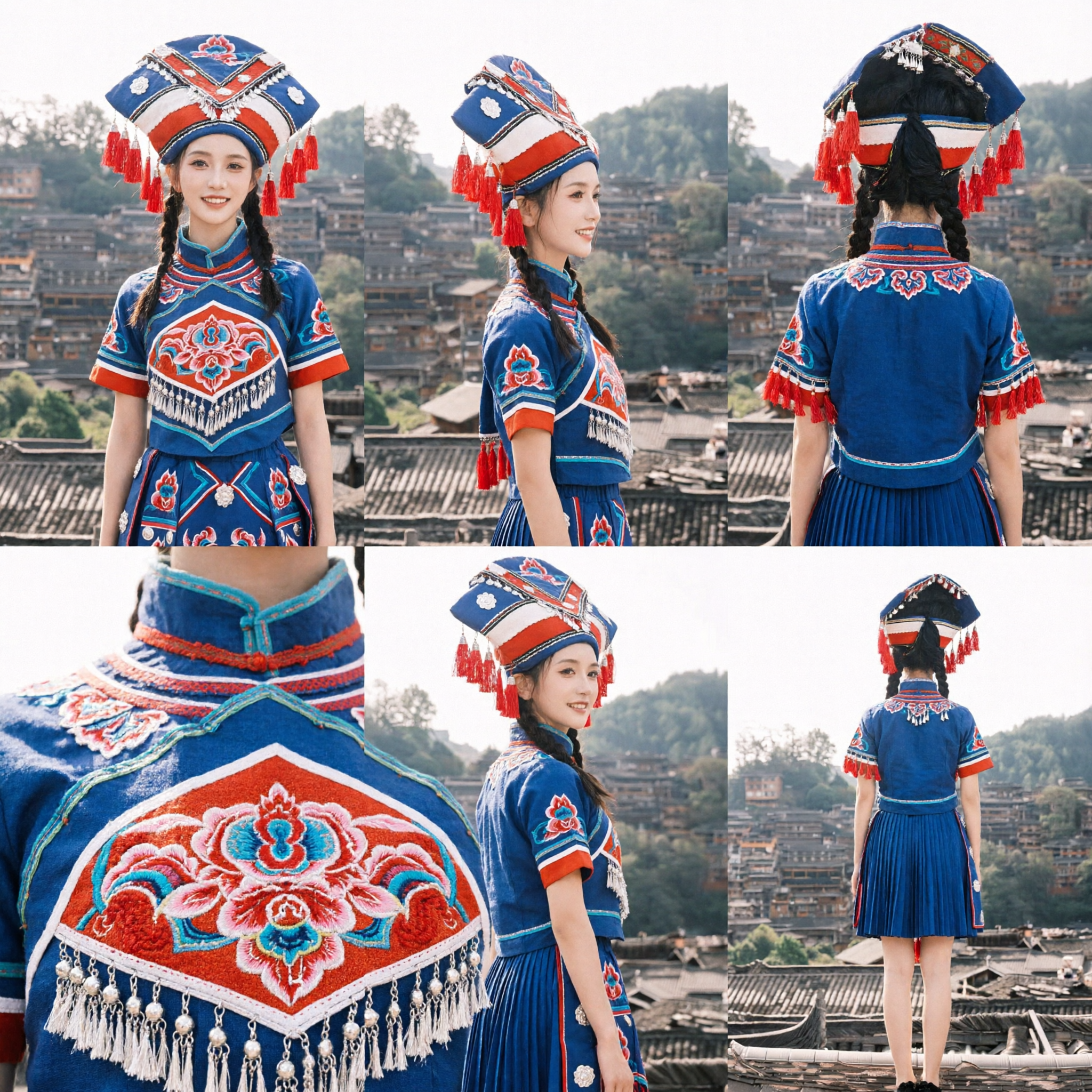 Chinese Traditional Ethnic Minority Folk Dance Costume Blue Embroidered Stage Performance Outfit for Women