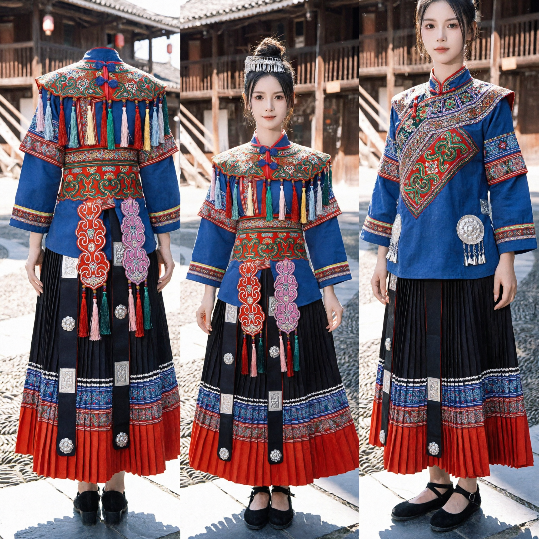 Traditional Chinese Miao Ethnic Minority Costume Women Blue Embroidered Top Black Pleated Skirt Festival Performance Outfit