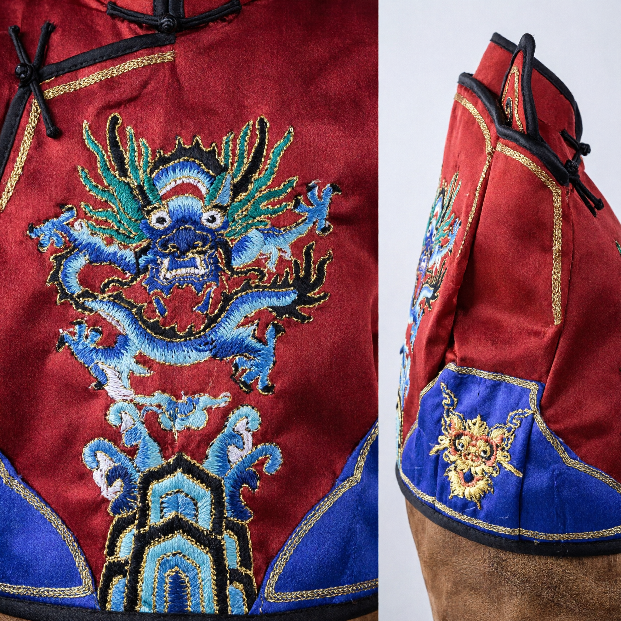 Traditional Chinese Peking Opera Headwear Red Mandarin Hat with Blue Dragon Embroidery for Men Costume