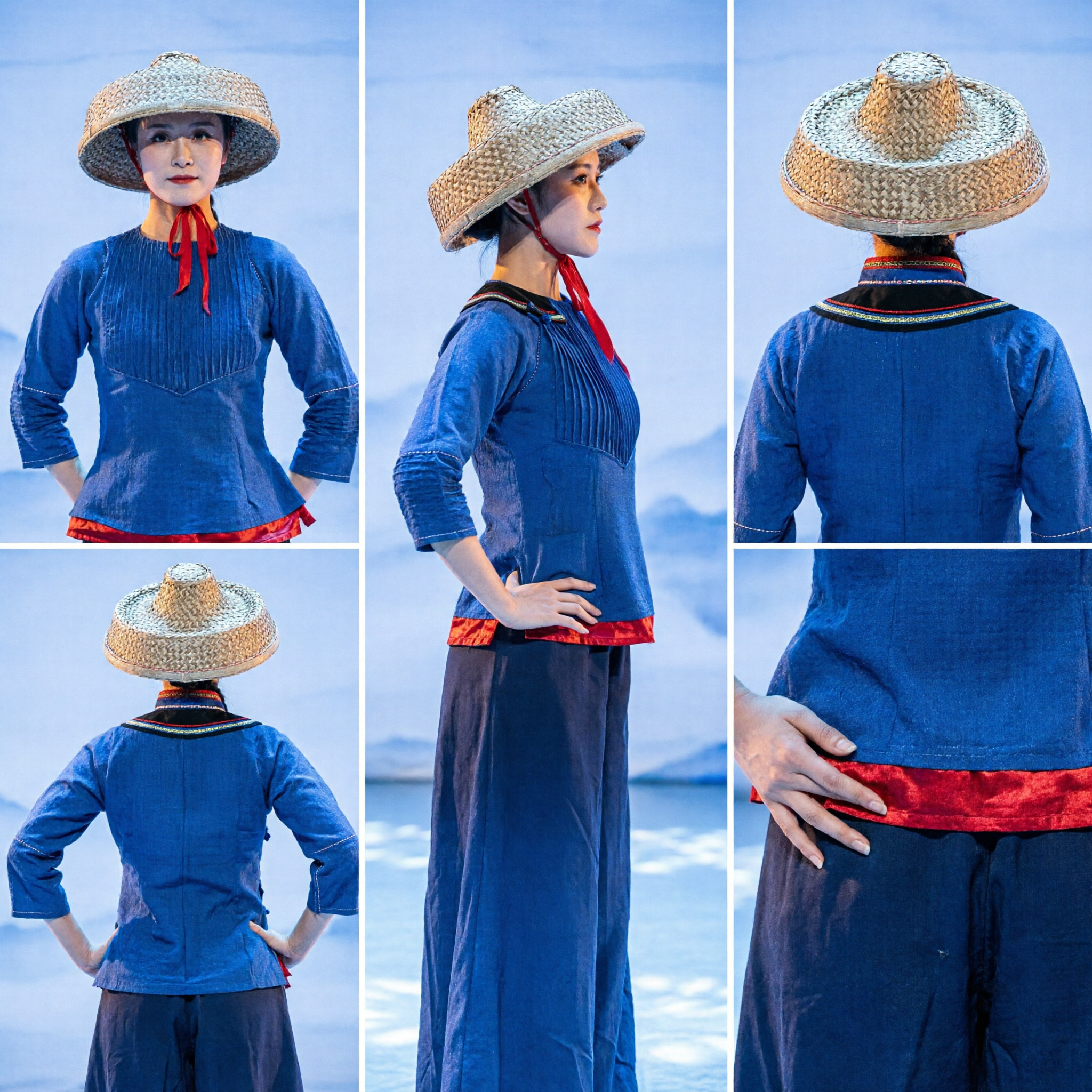 Traditional Chinese Folk Dance Costume Blue Peasant Outfit with Straw Hat for Women Group Stage Performance