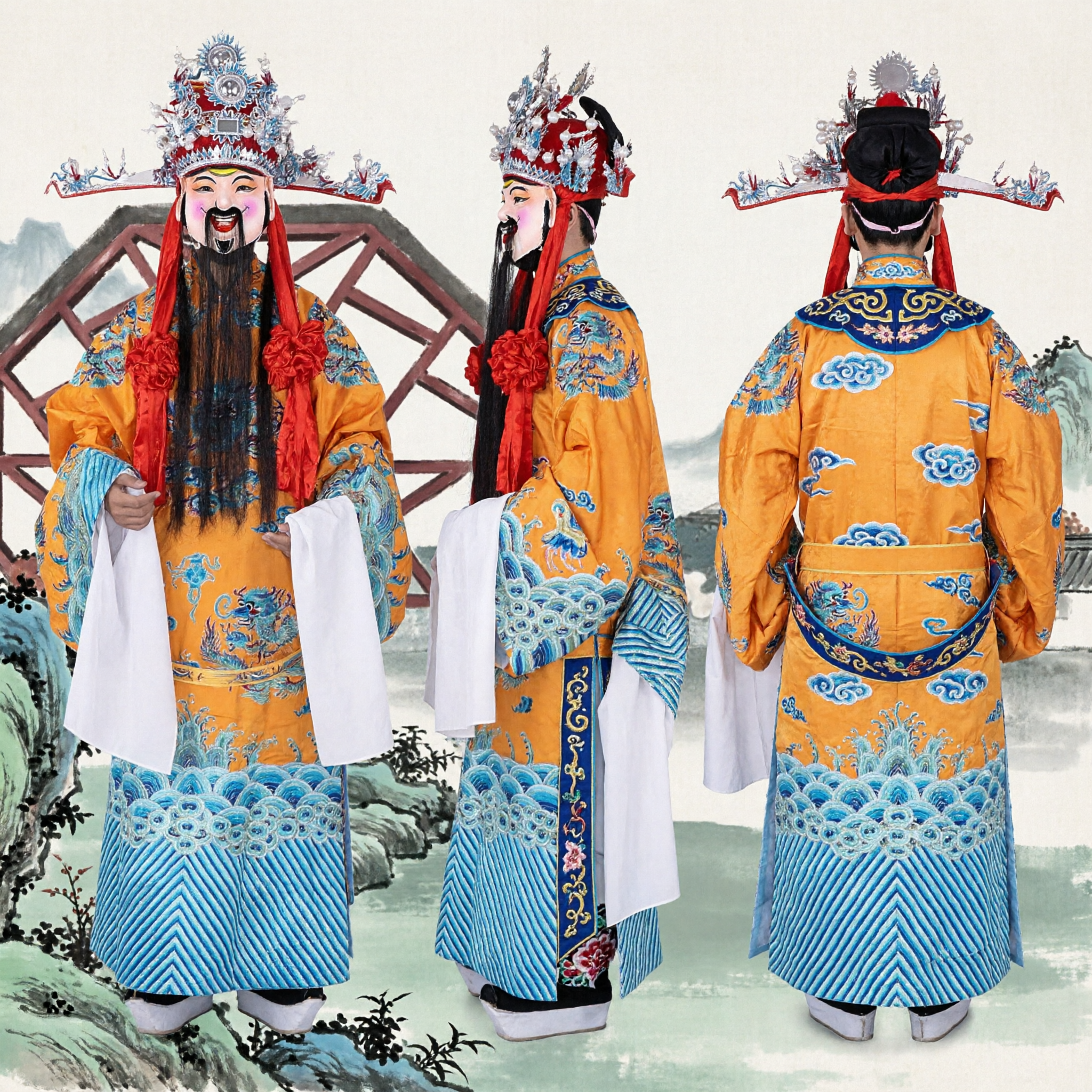 Traditional Chinese Beijing Opera Costume Yellow Embroidered Dragon Robe Complete Set for Men Stage Performance