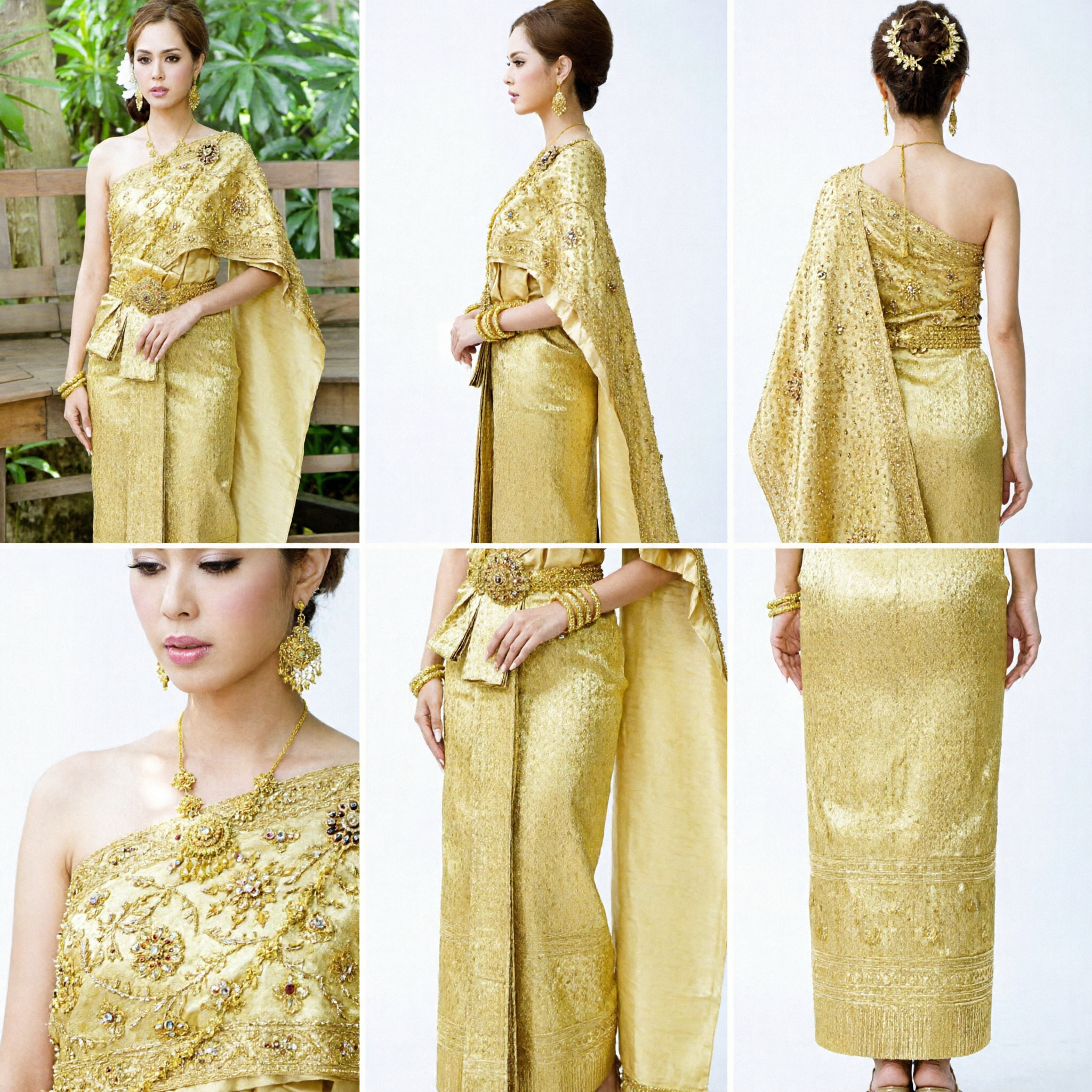Elegant Gold Thai Traditional Silk Dress Sabai Style Formal Ensemble for Wedding and Cultural Events