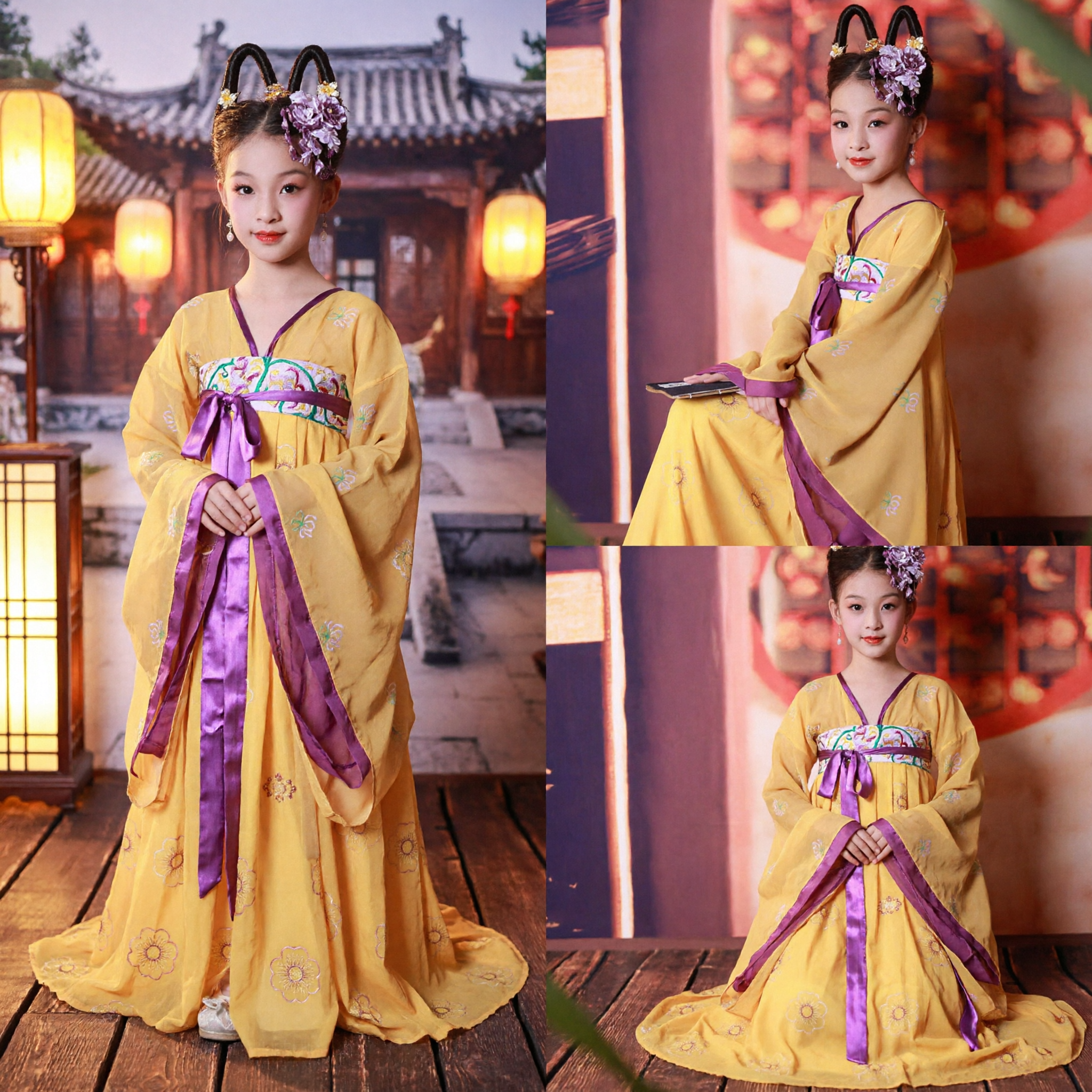 Girls Yellow Tang Dynasty Hanfu Traditional Chinese Ancient Princess Costume Kids Cultural Dance Photography Performance Dress
